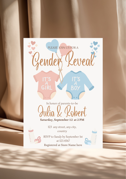 Faire-part modifiable baby, Baby shower’s Invitation, faire-part pour annonce bébé , faire-part gender reveal, carte gender reveal , gender reveal. Format A5