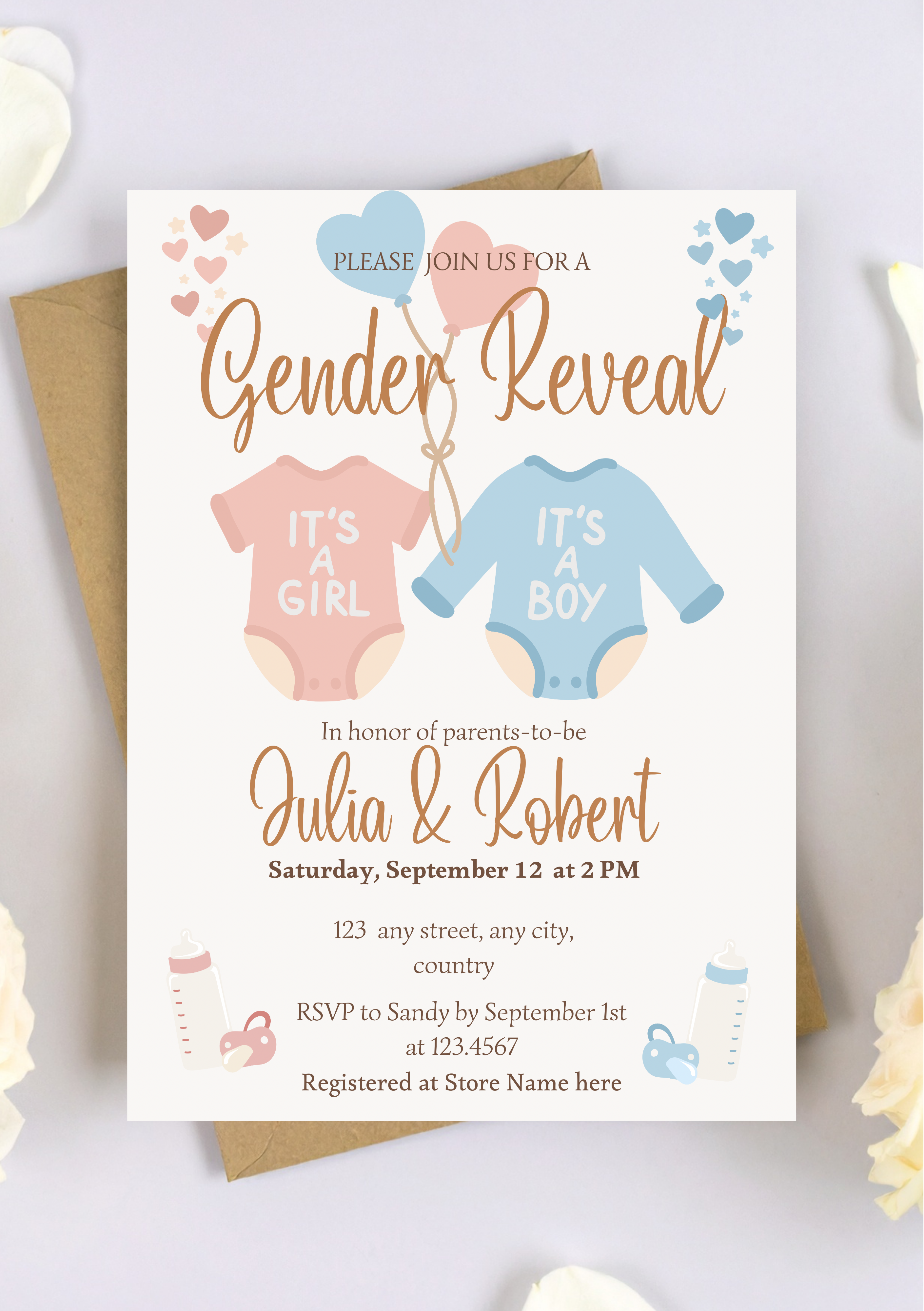 Faire-part modifiable baby, Baby shower’s Invitation, faire-part pour annonce bébé , faire-part gender reveal, carte gender reveal , gender reveal. Format A5