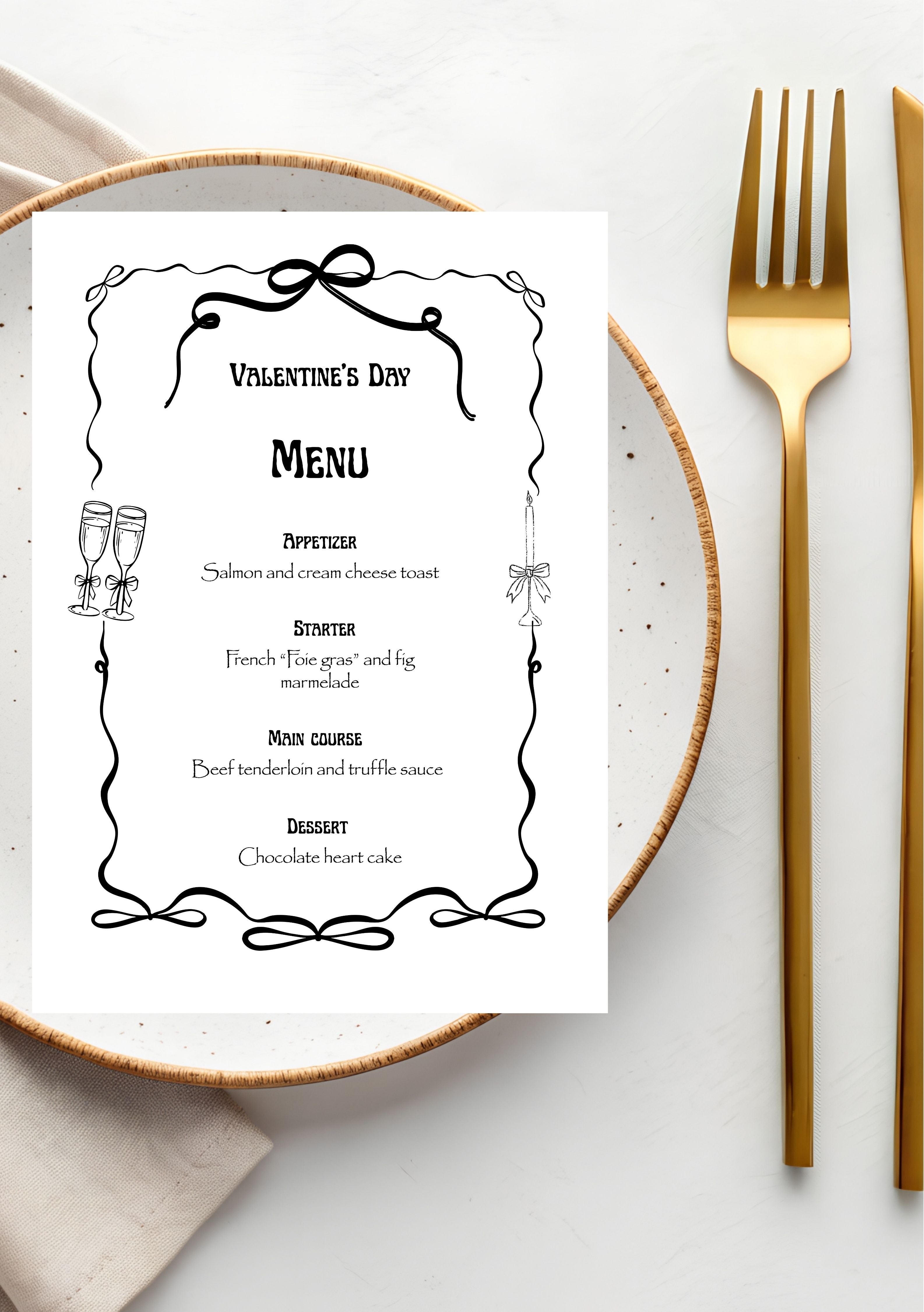 Menu chic modifiable pour la Saint-Valentin, menu pour la Saint-Valentin, Menu d'anniversaire, carte de dîner Saint-Valentin, carte d'anniversaire chic. Format A5