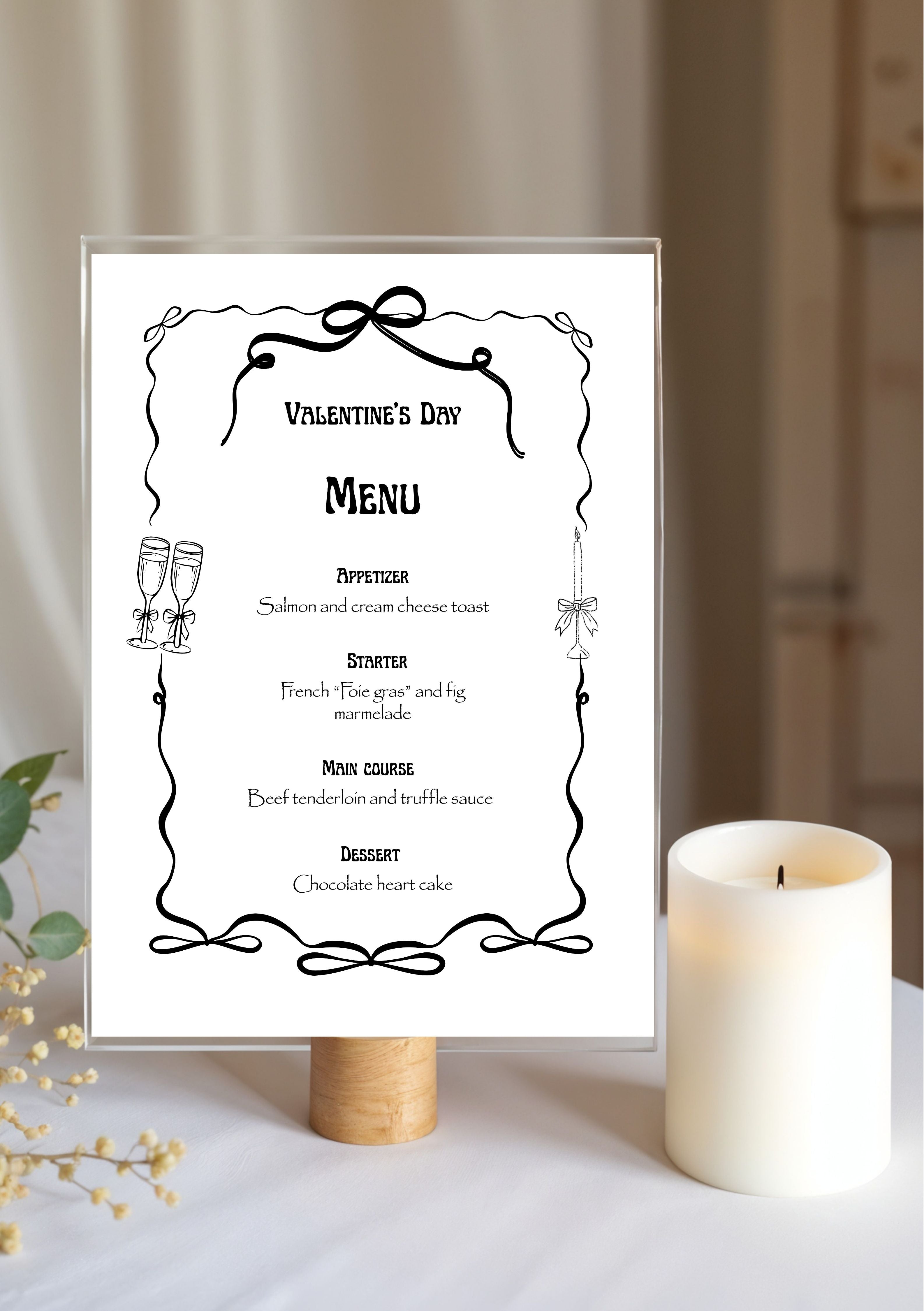 Menu chic modifiable pour la Saint-Valentin, menu pour la Saint-Valentin, Menu d'anniversaire, carte de dîner Saint-Valentin, carte d'anniversaire chic. Format A5