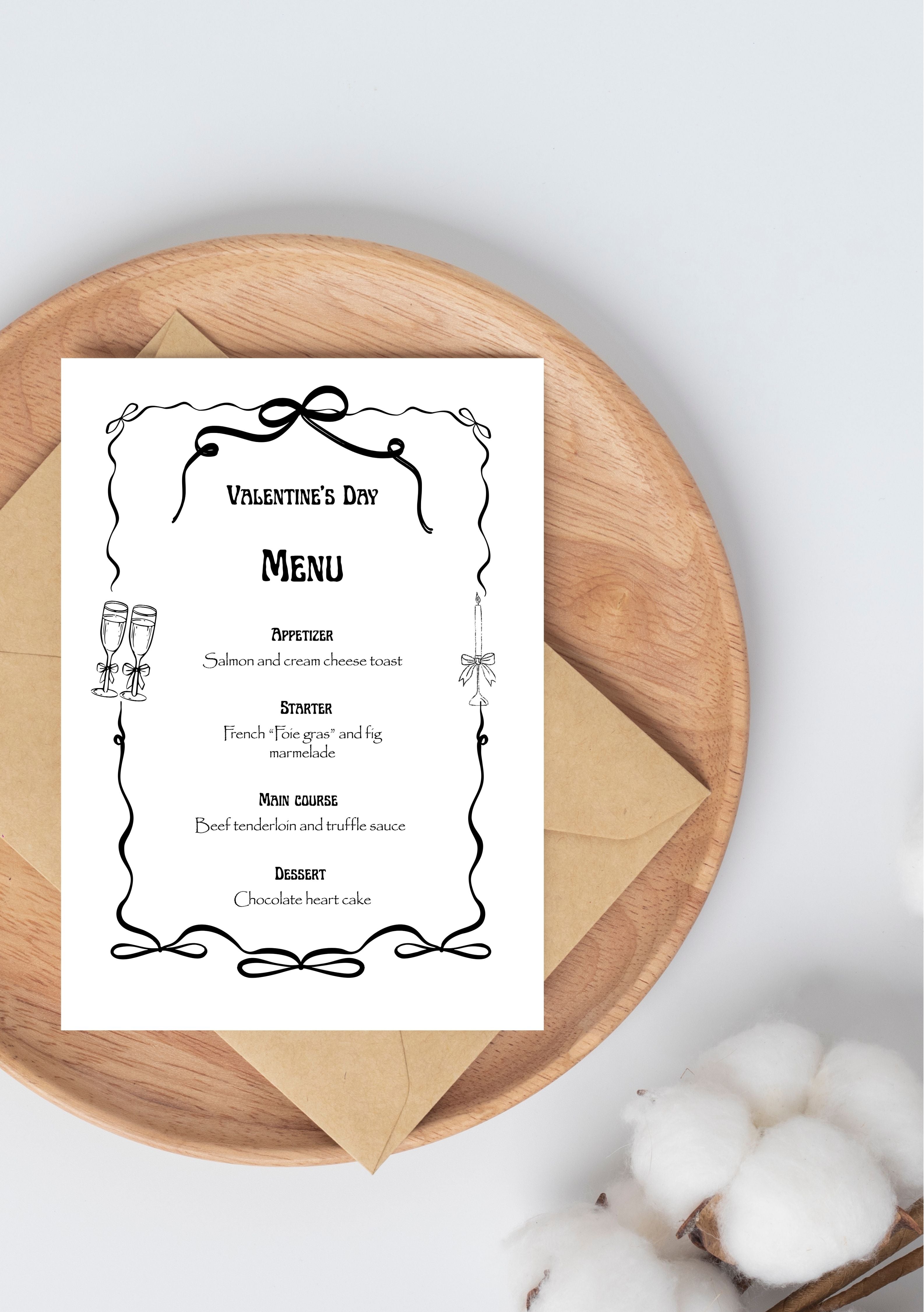 Menu chic modifiable pour la Saint-Valentin, menu pour la Saint-Valentin, Menu d'anniversaire, carte de dîner Saint-Valentin, carte d'anniversaire chic. Format A5