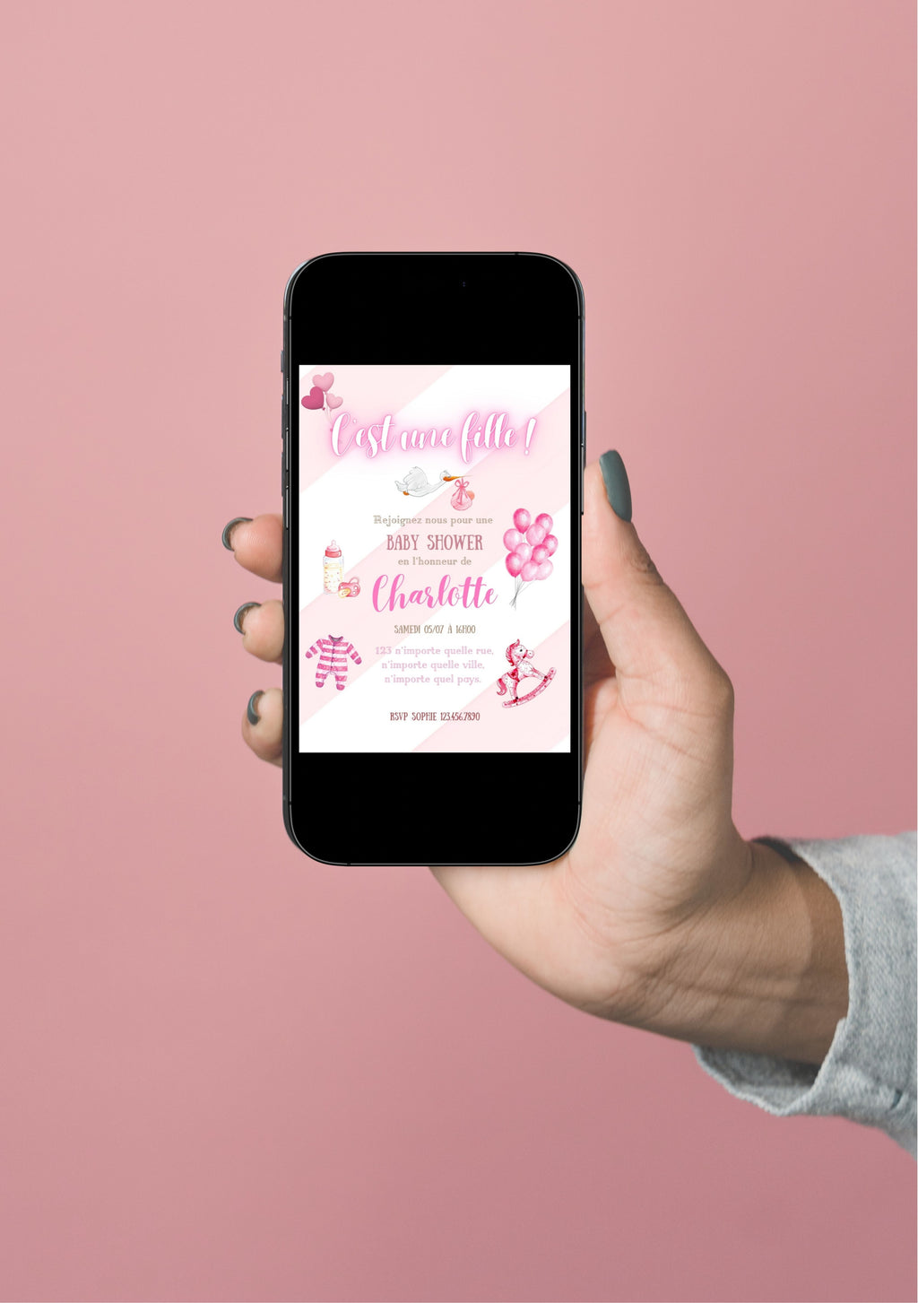 Faire-part modifiable pour l’annonce bébé fille, faire-part pour la naissance , faire-part naissance, carte c’est une fille , carte d’annonce naissance. Format A5