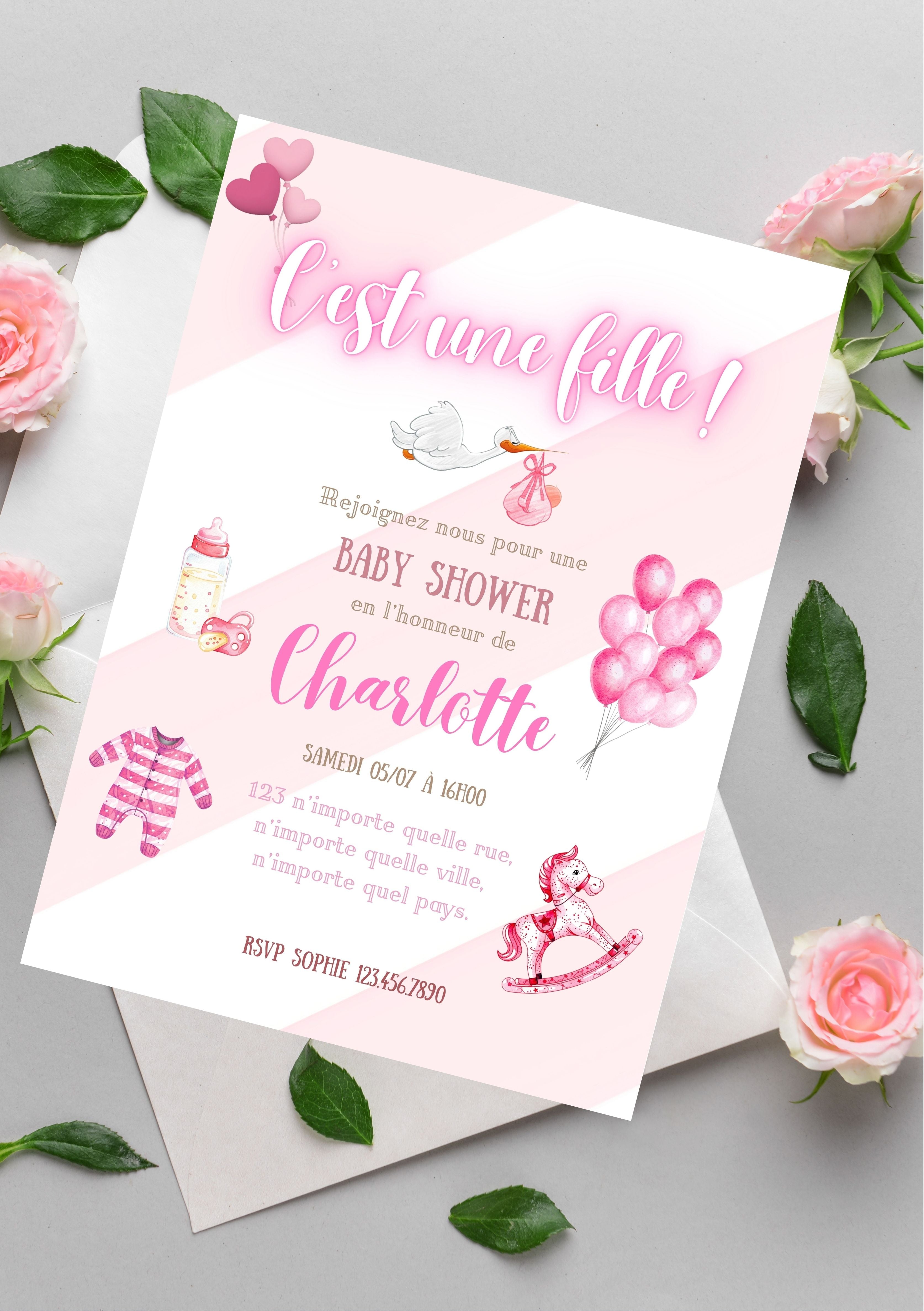 Faire-part modifiable pour l’annonce bébé fille, faire-part pour la naissance , faire-part naissance, carte c’est une fille , carte d’annonce naissance. Format A5