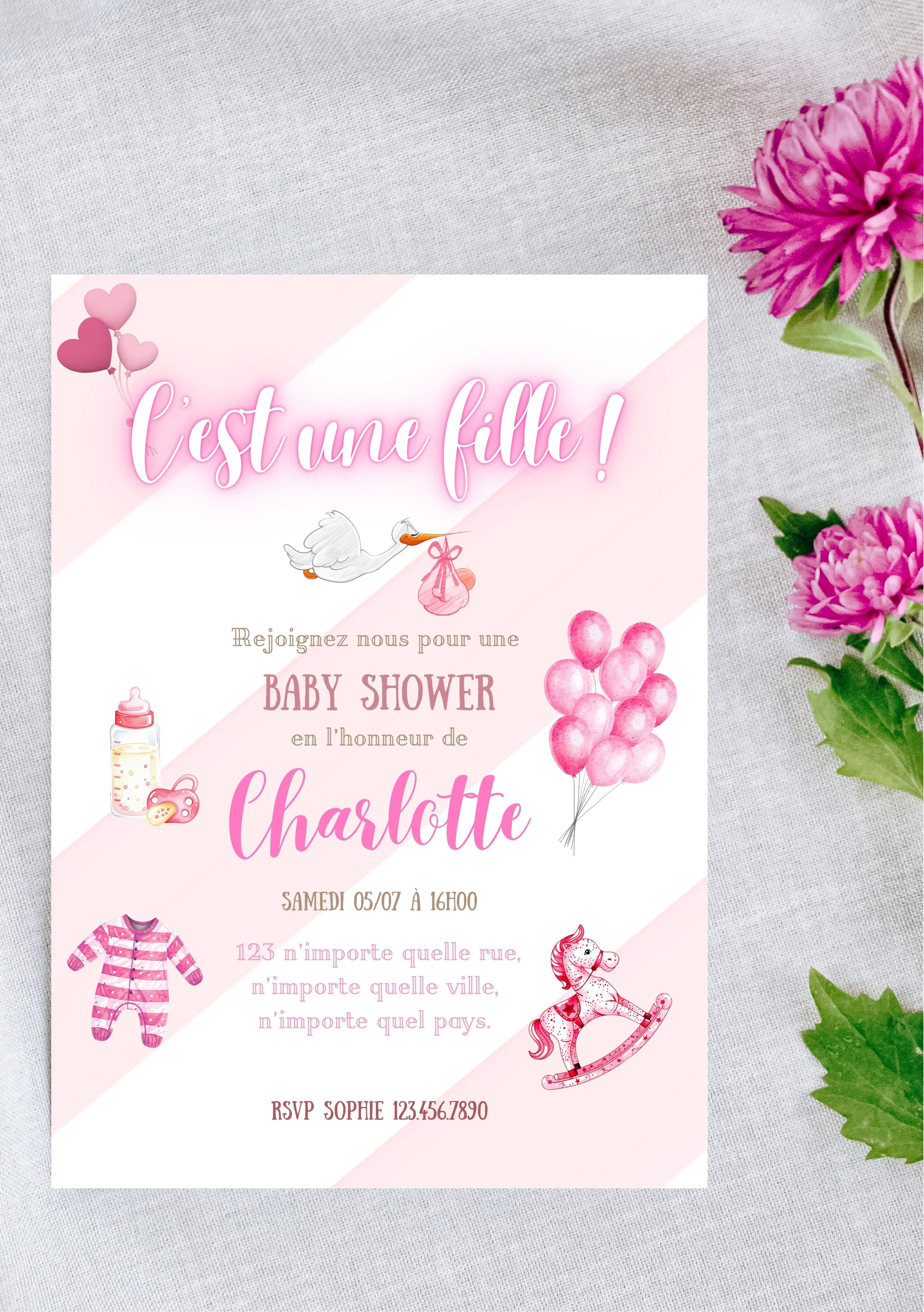 Faire-part modifiable pour l’annonce bébé fille, faire-part pour la naissance , faire-part naissance, carte c’est une fille , carte d’annonce naissance. Format A5