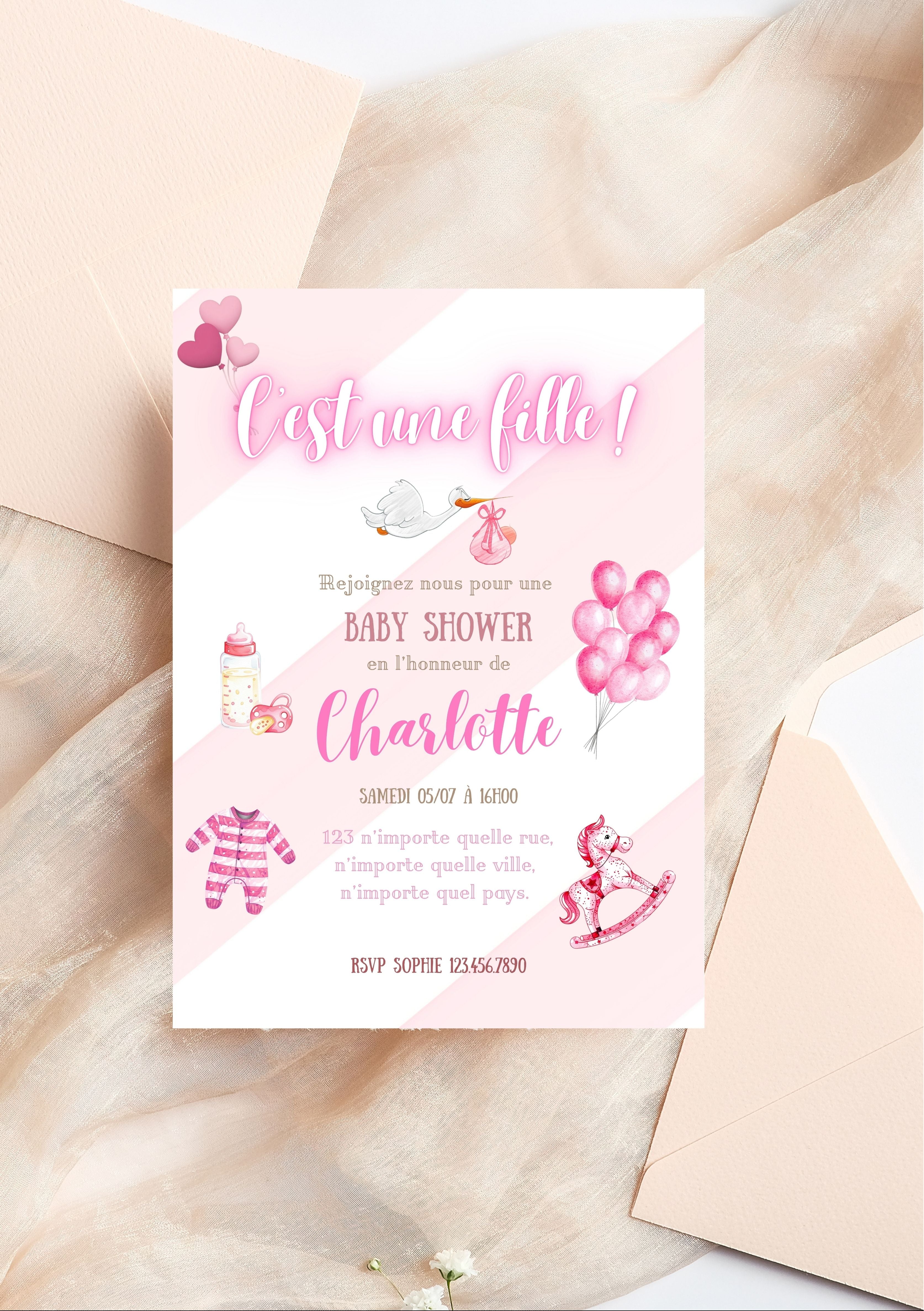 Faire-part modifiable pour l’annonce bébé fille, faire-part pour la naissance , faire-part naissance, carte c’est une fille , carte d’annonce naissance. Format A5