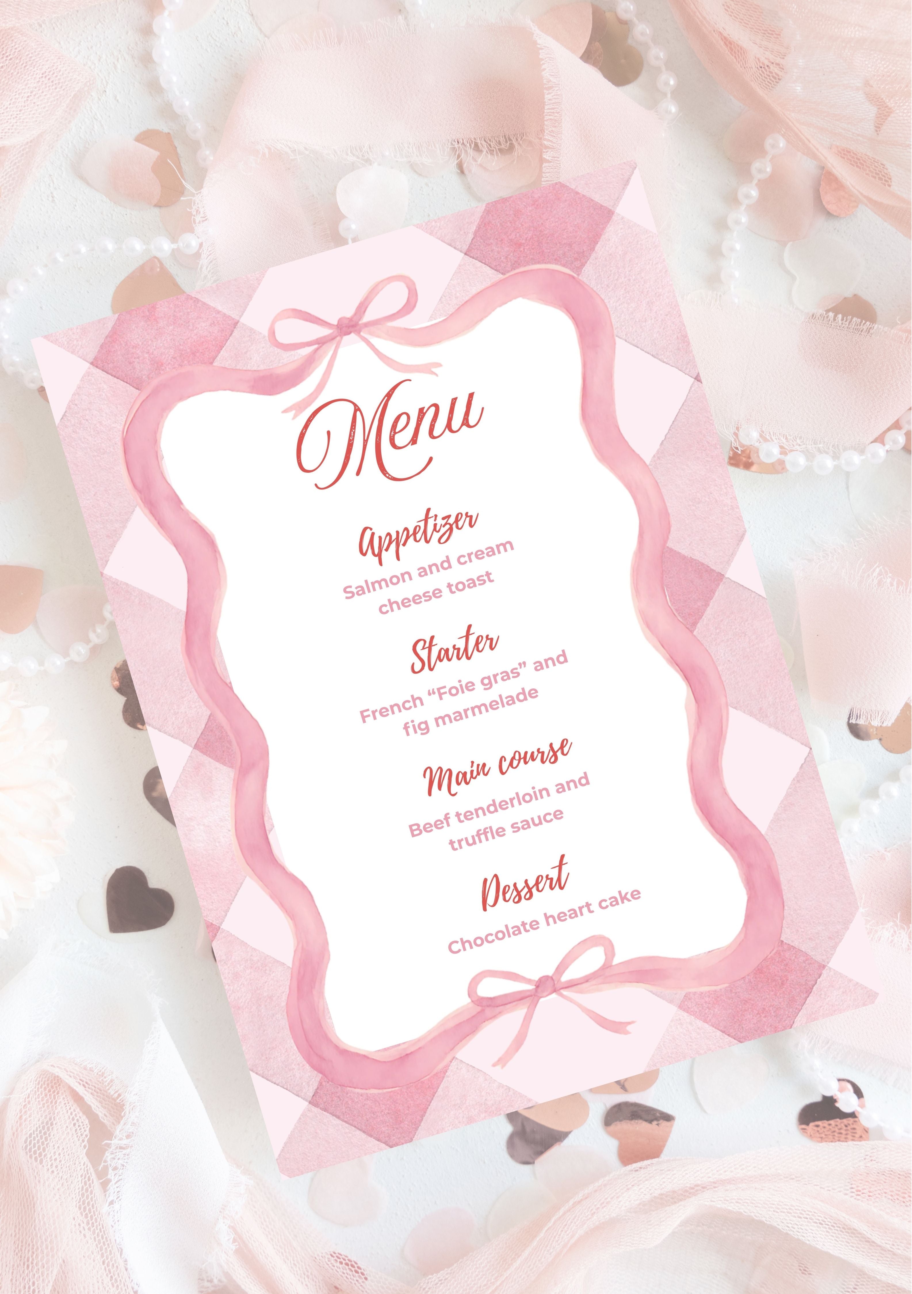 Faire-part modifiable pour la Saint-Valentin, menu de fête damier , faire-part pour la Saint-Valentin,  valentine’s day Menu, carte de dîner Saint-Valentin, carte menu. Format A5