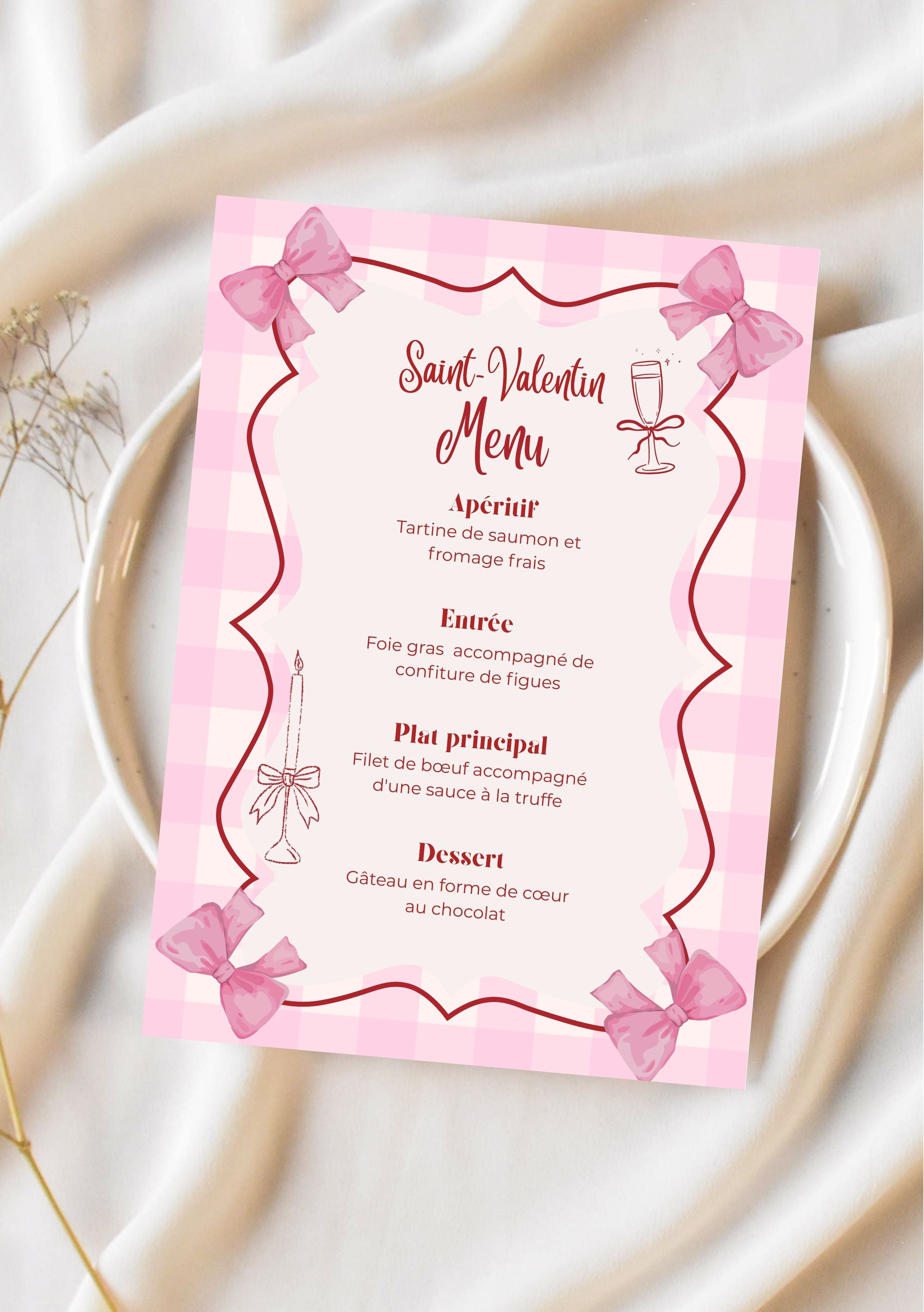 Menu saint Valentin modifiable en français, Saint-Valentin, faire-part pour la Saint-Valentin, faire-part d'anniversaire, carte de dîner Saint-Valentin, Valentine’s menu. Format A5