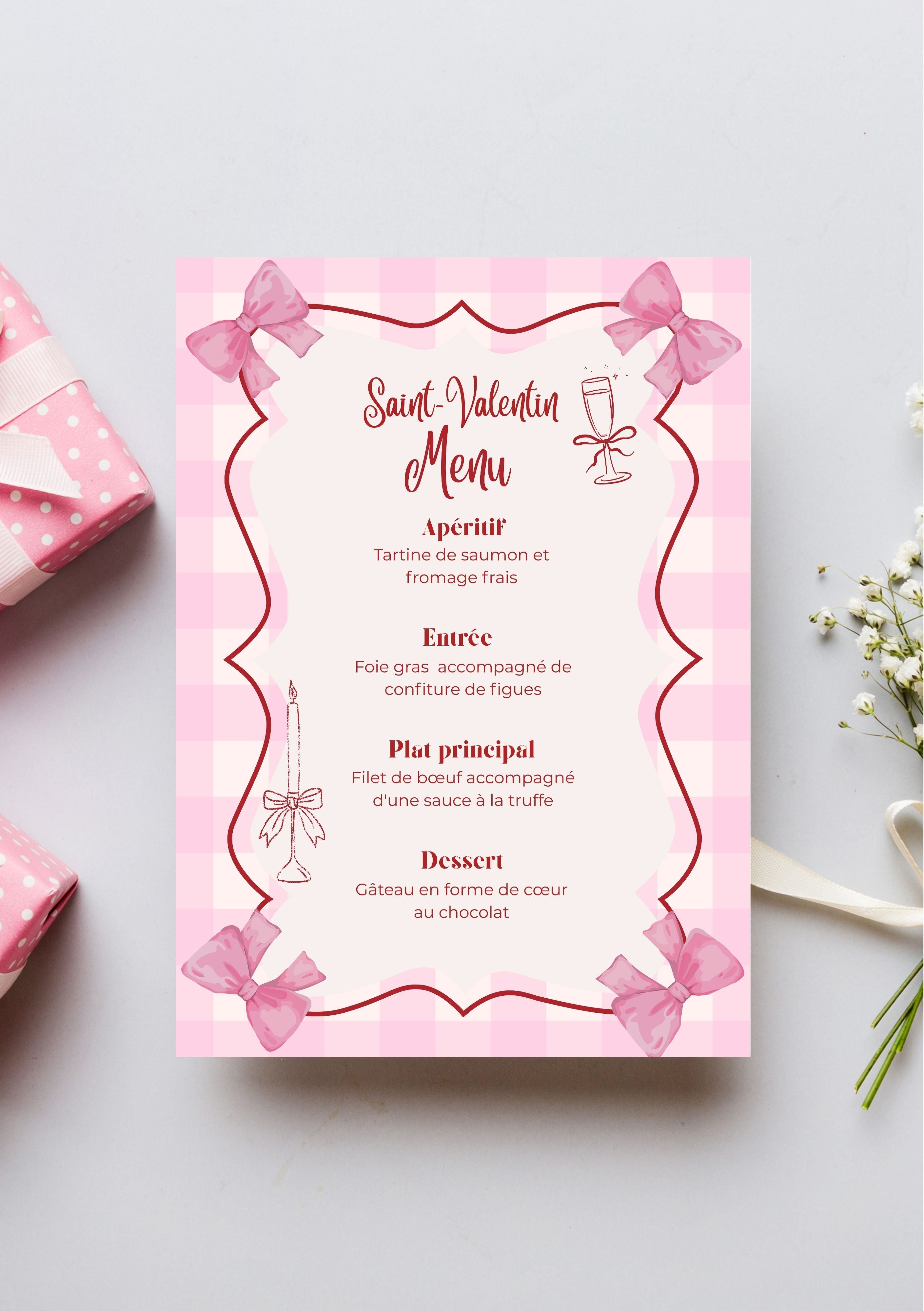 Menu saint Valentin modifiable en français, Saint-Valentin, faire-part pour la Saint-Valentin, faire-part d'anniversaire, carte de dîner Saint-Valentin, Valentine’s menu. Format A5