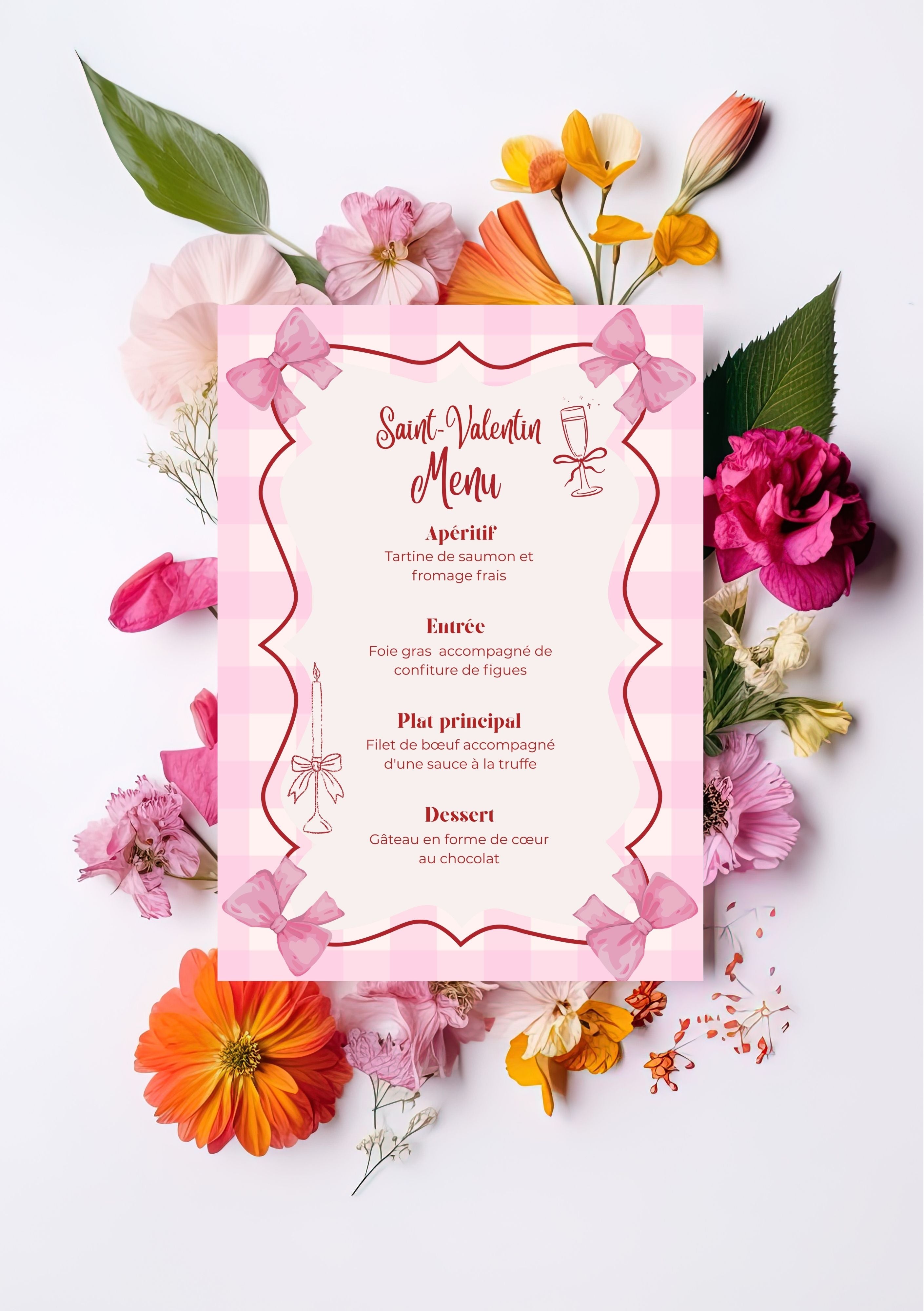 Menu saint Valentin modifiable en français, Saint-Valentin, faire-part pour la Saint-Valentin, faire-part d'anniversaire, carte de dîner Saint-Valentin, Valentine’s menu. Format A5