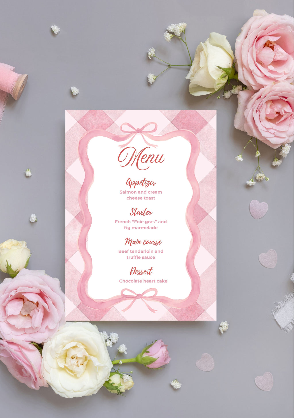 Faire-part modifiable pour la Saint-Valentin, menu de fête damier , faire-part pour la Saint-Valentin,  valentine’s day Menu, carte de dîner Saint-Valentin, carte menu. Format A5