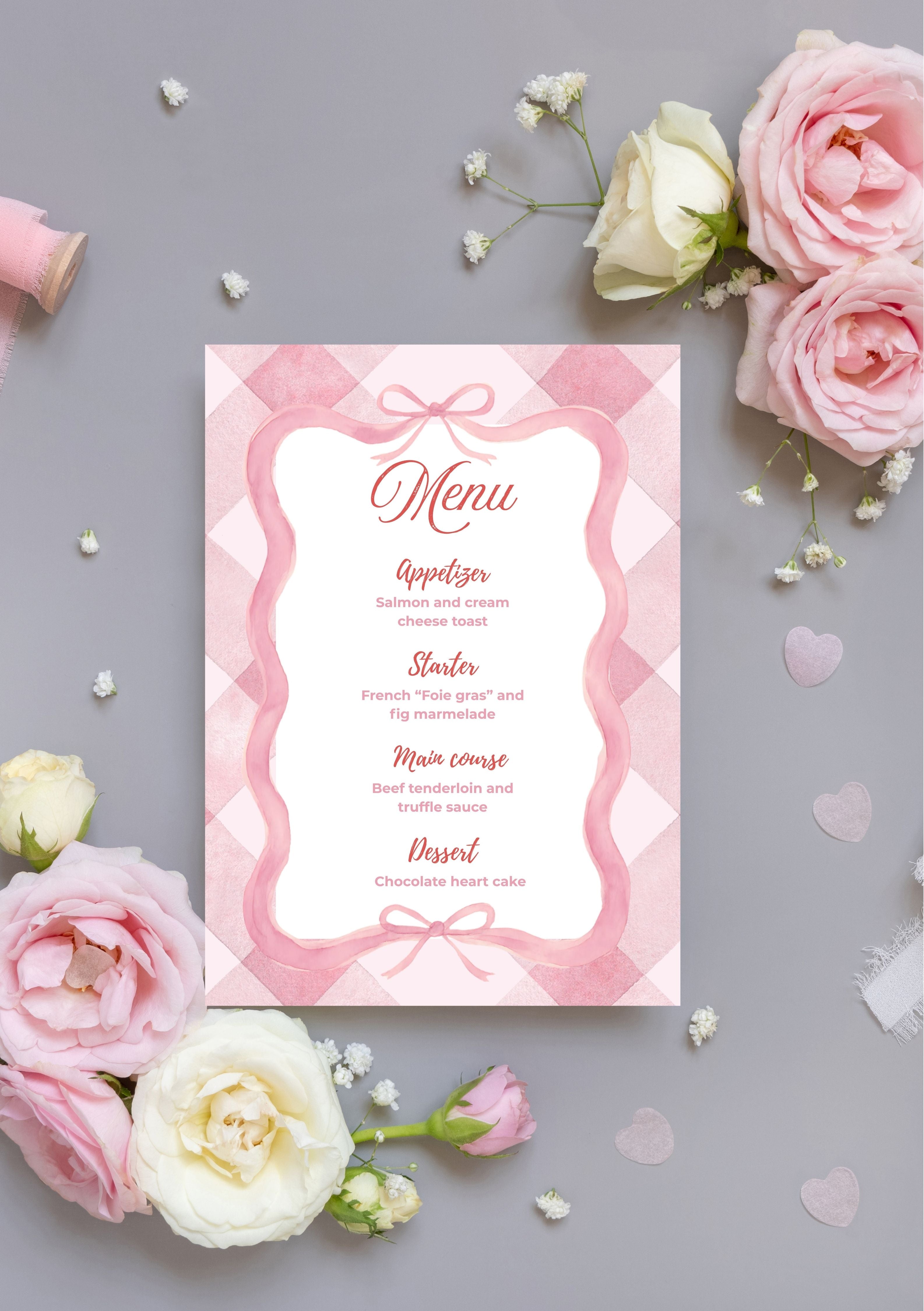 Faire-part modifiable pour la Saint-Valentin, menu de fête damier , faire-part pour la Saint-Valentin,  valentine’s day Menu, carte de dîner Saint-Valentin, carte menu. Format A5