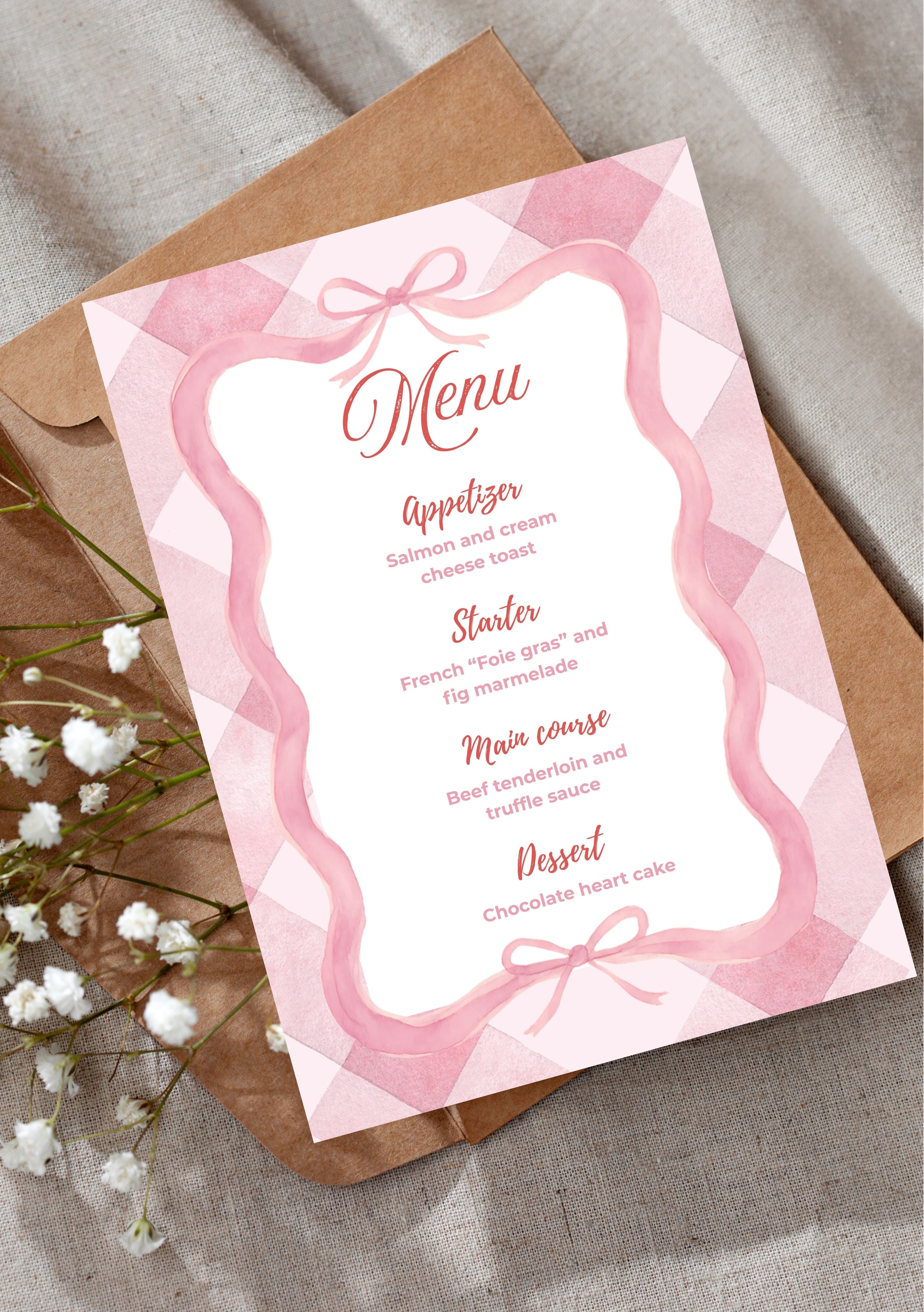 Faire-part modifiable pour la Saint-Valentin, menu de fête damier , faire-part pour la Saint-Valentin,  valentine’s day Menu, carte de dîner Saint-Valentin, carte menu. Format A5