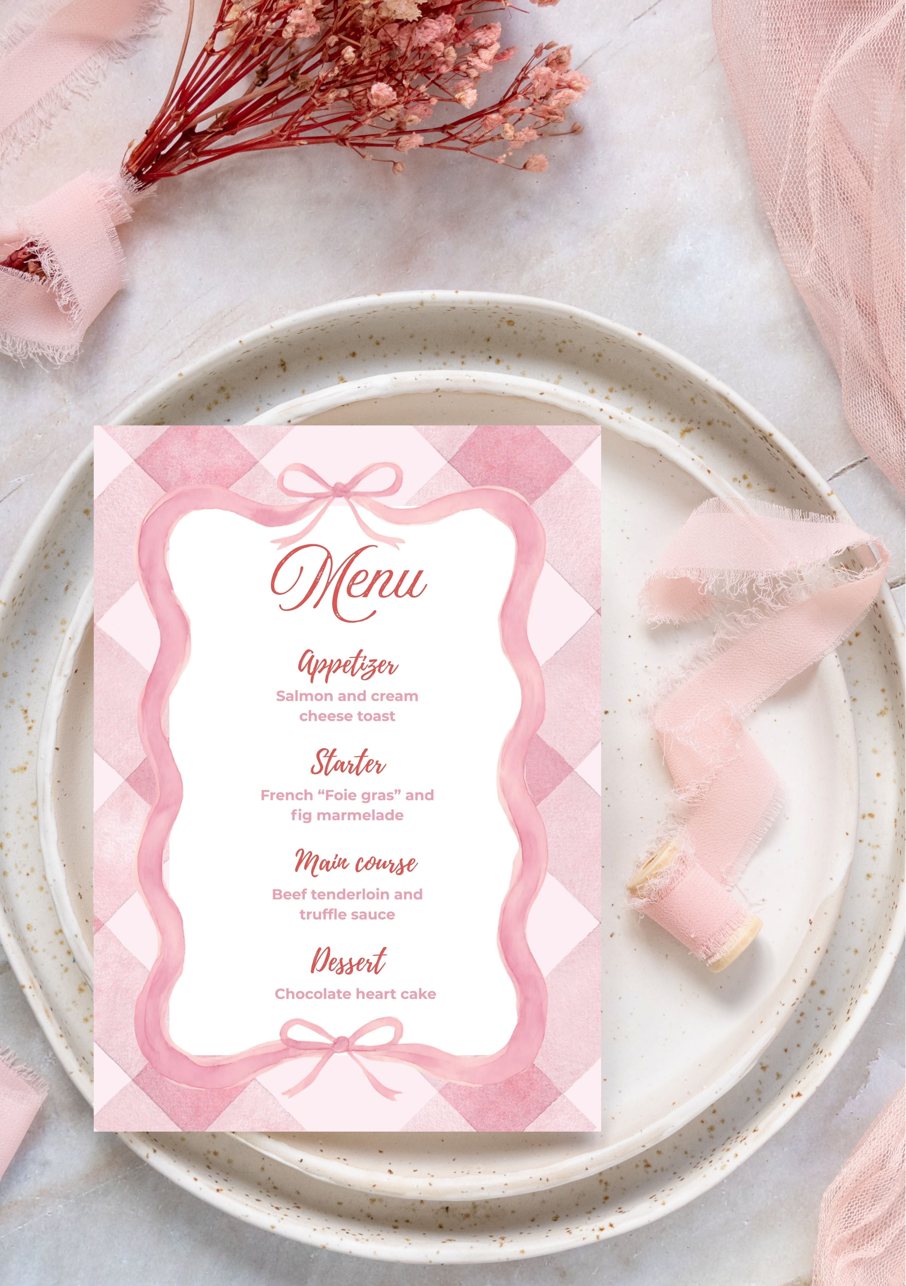 Faire-part modifiable pour la Saint-Valentin, menu de fête damier , faire-part pour la Saint-Valentin,  valentine’s day Menu, carte de dîner Saint-Valentin, carte menu. Format A5