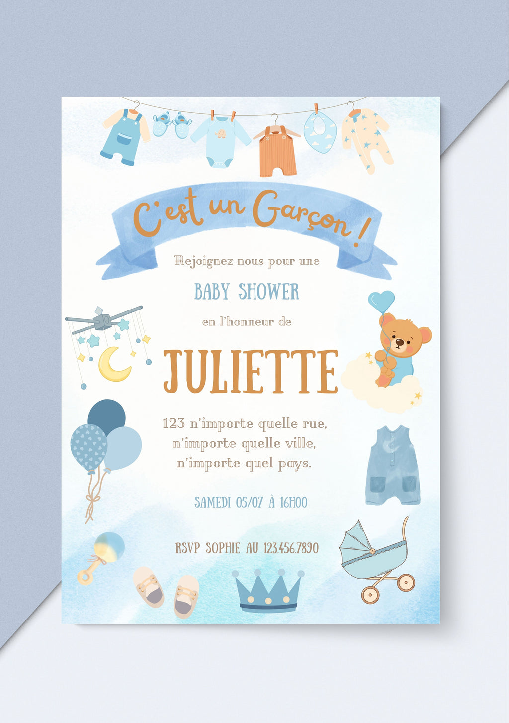 Carte modifiable pour naissance garçon , faire-part garçon, baby shower party, carte de naissance. Format A5