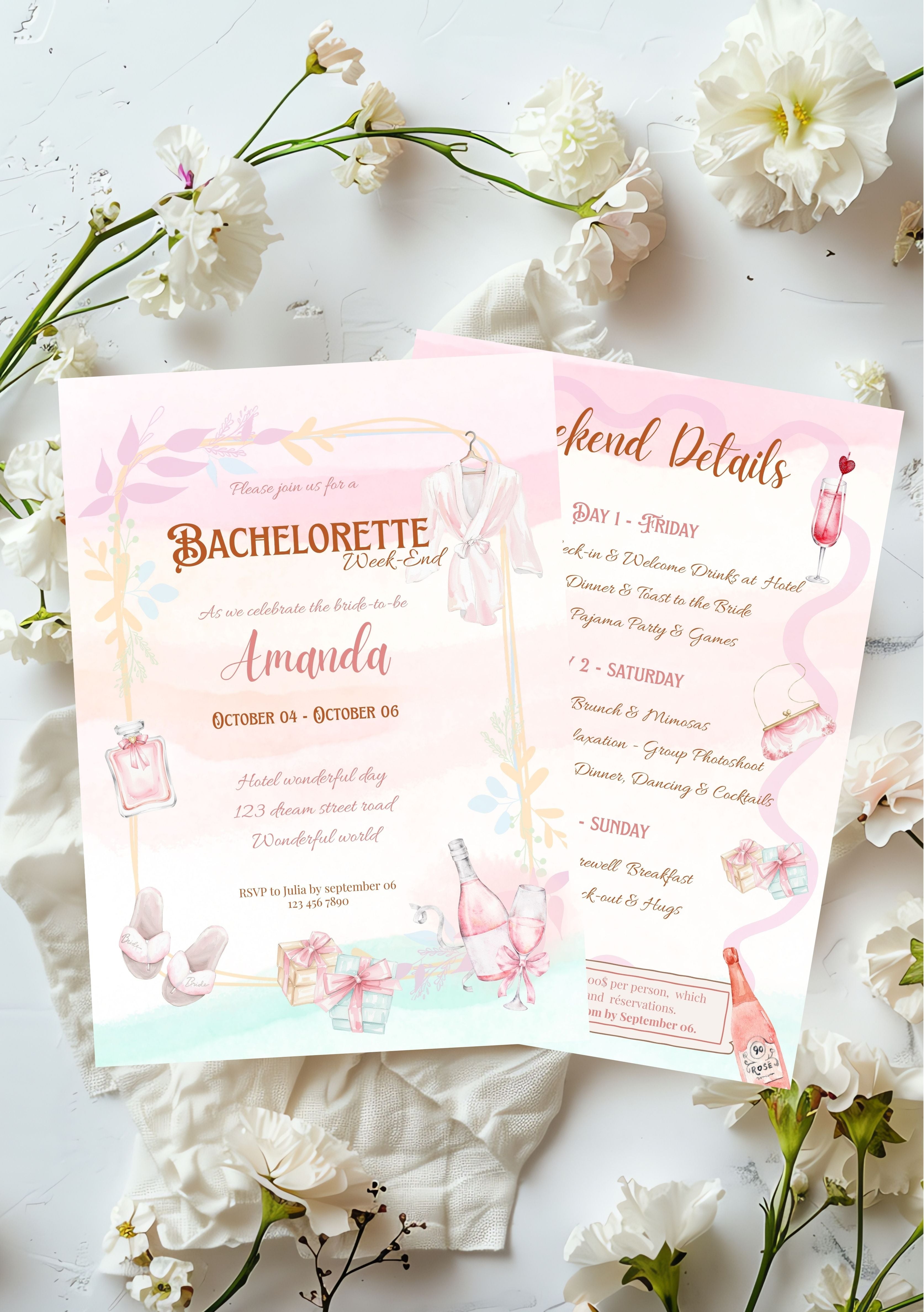 Invitation lot de 2 (invitation & programme) EVJF pastel (format A6, 105x148mm)