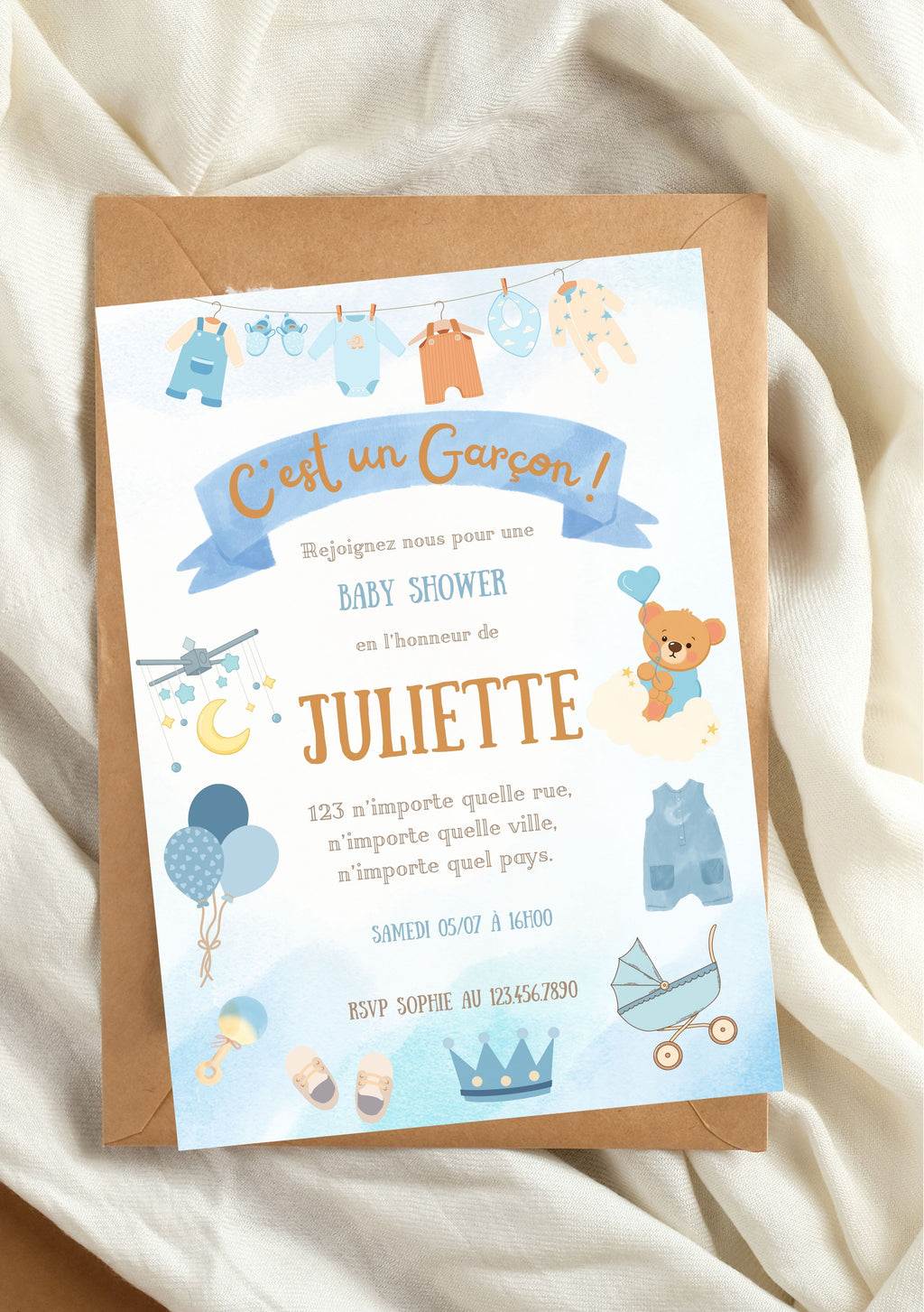 Carte modifiable pour naissance garçon , faire-part garçon, baby shower party, carte de naissance. Format A5