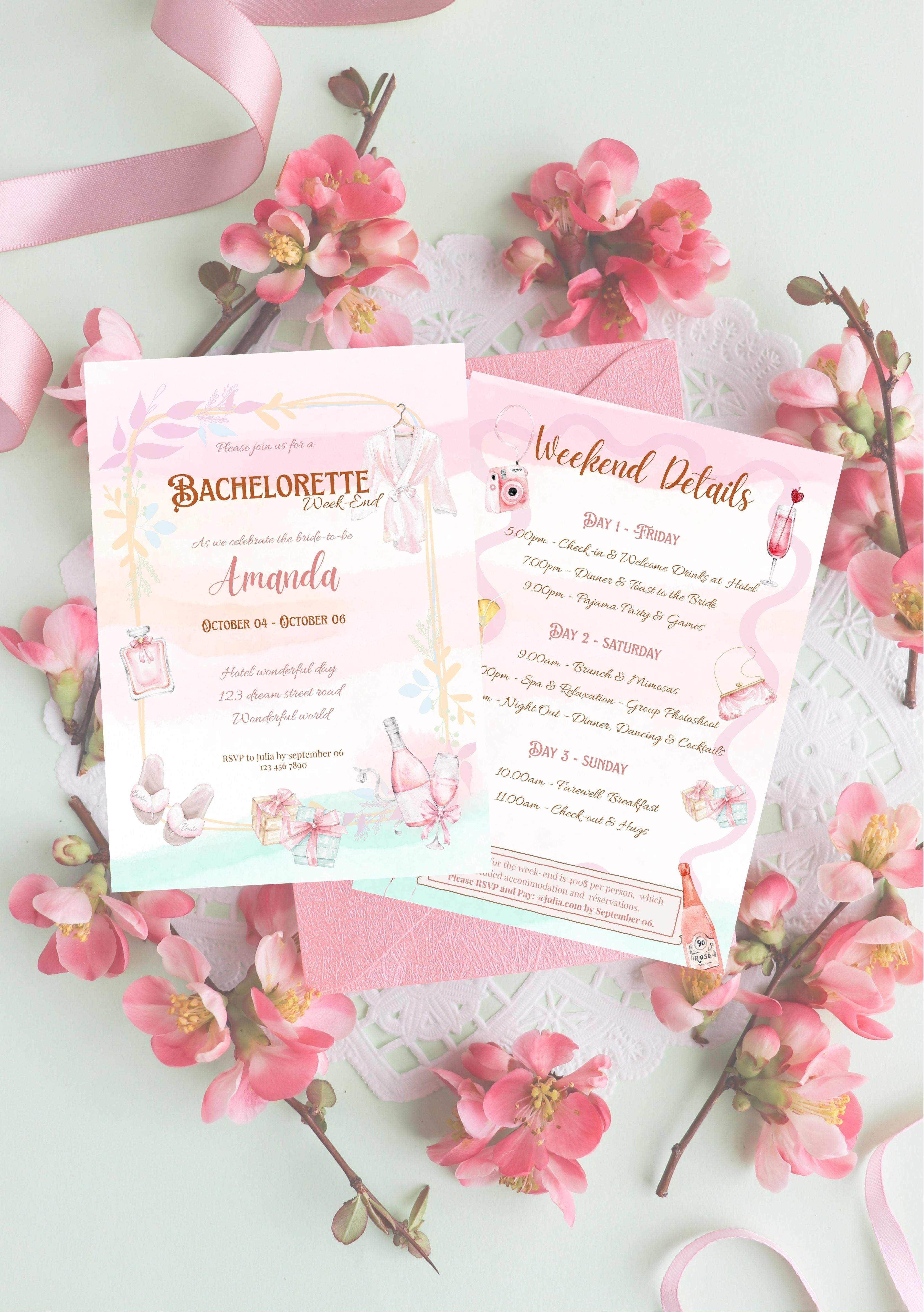 Invitation lot de 2 (invitation & programme) EVJF pastel (format A6, 105x148mm)