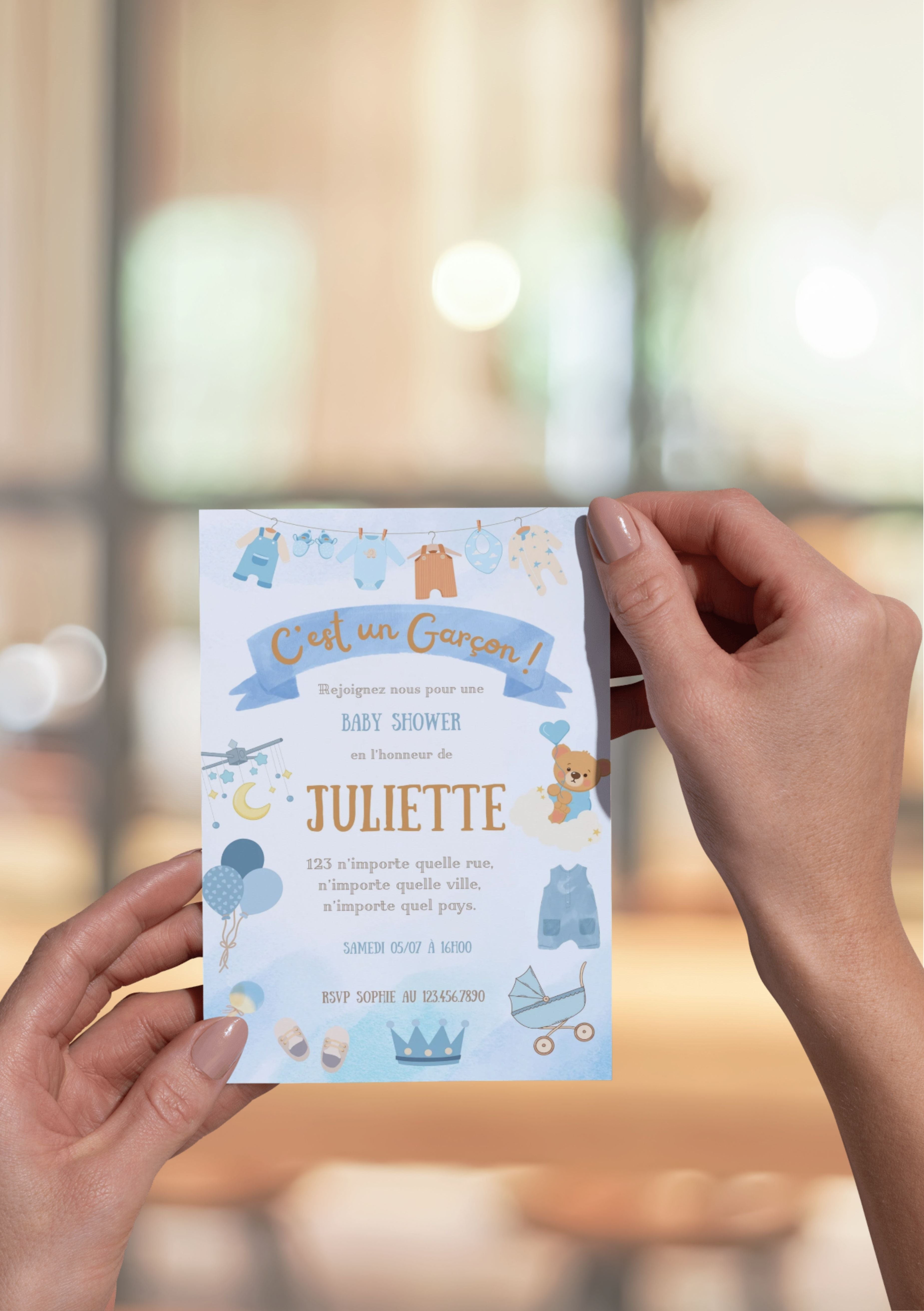 Carte modifiable pour naissance garçon , faire-part garçon, baby shower party, carte de naissance. Format A5