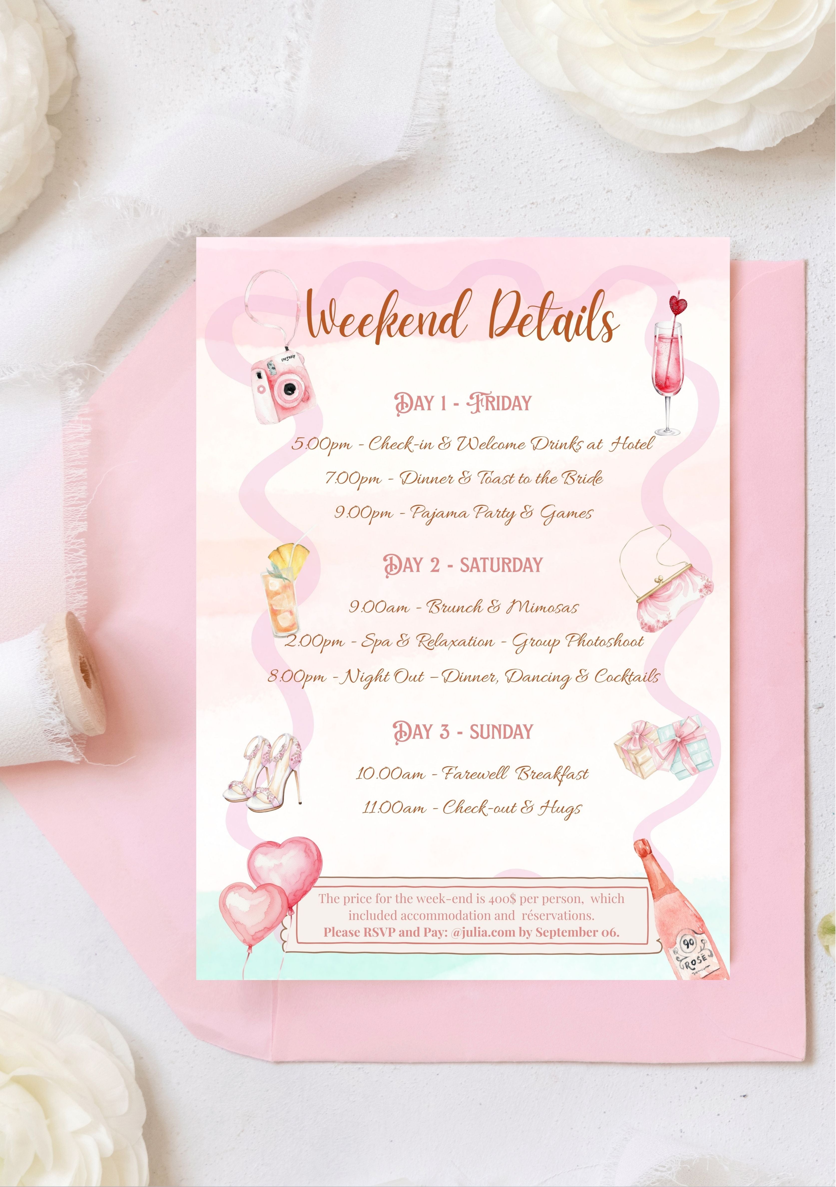 Invitation lot de 2 (invitation & programme) EVJF pastel (format A6, 105x148mm)