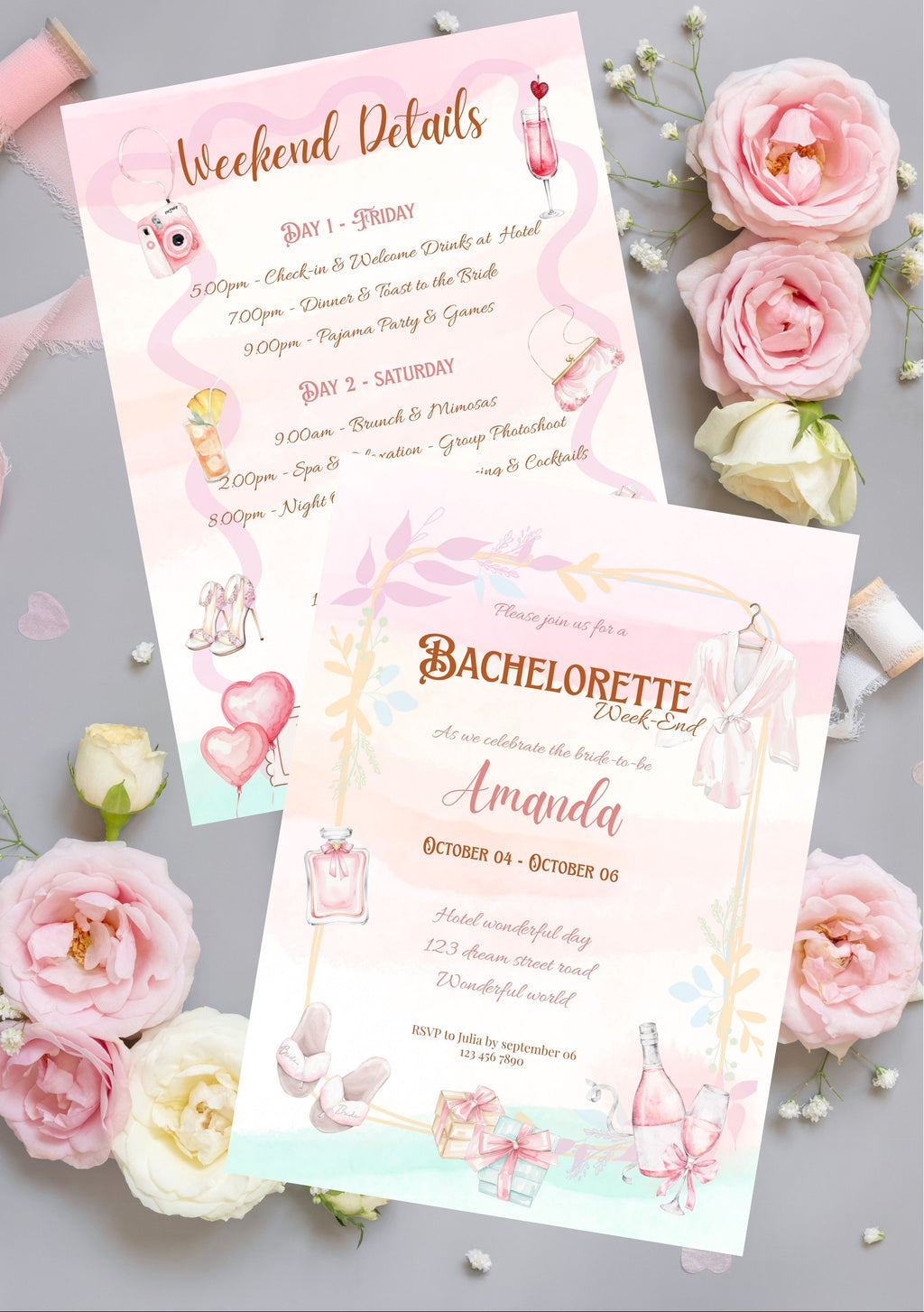 Invitation lot de 2 (invitation & programme) EVJF pastel (format A6, 105x148mm)