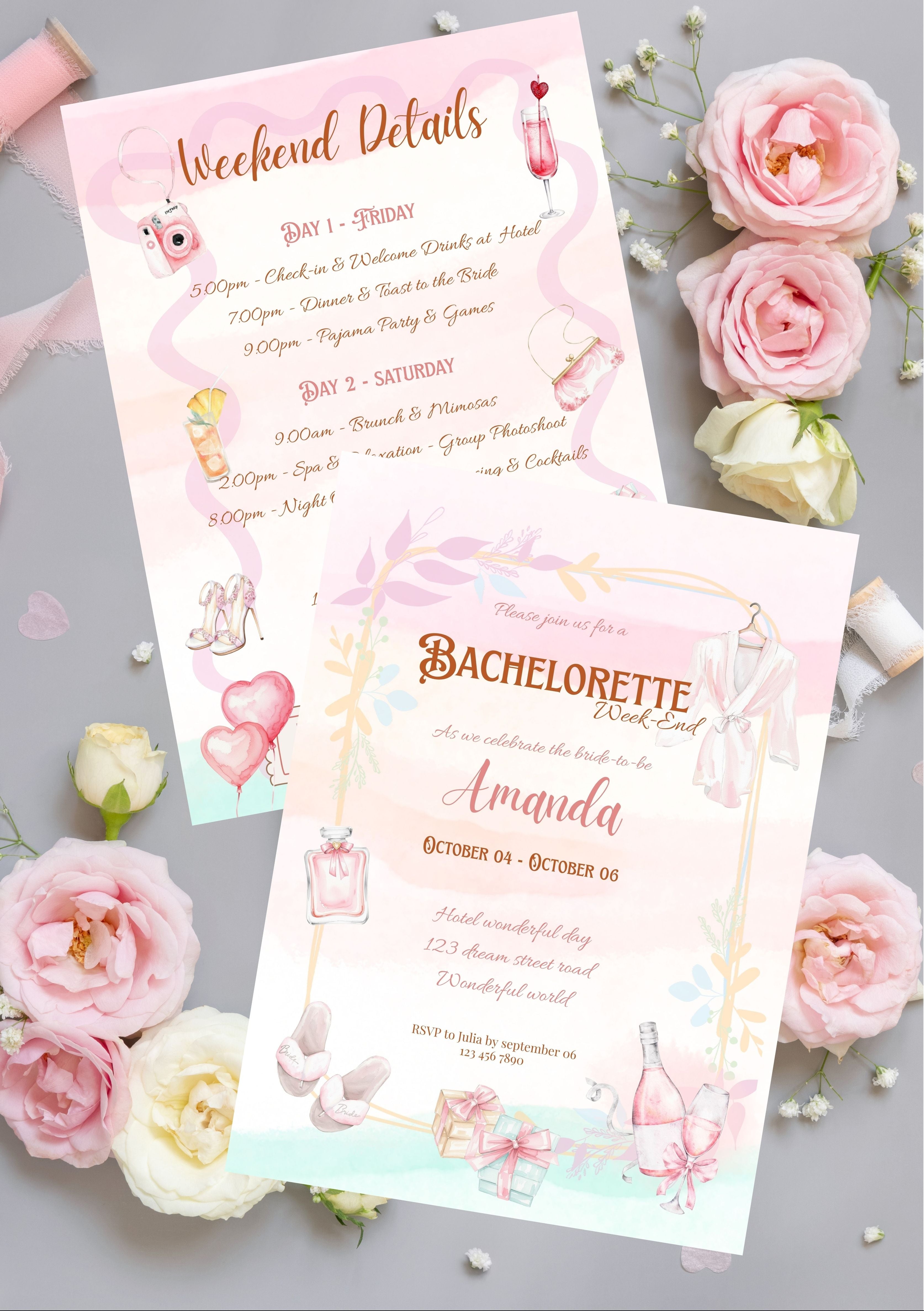 Invitation lot de 2 (invitation & programme) EVJF pastel (format A6, 105x148mm)
