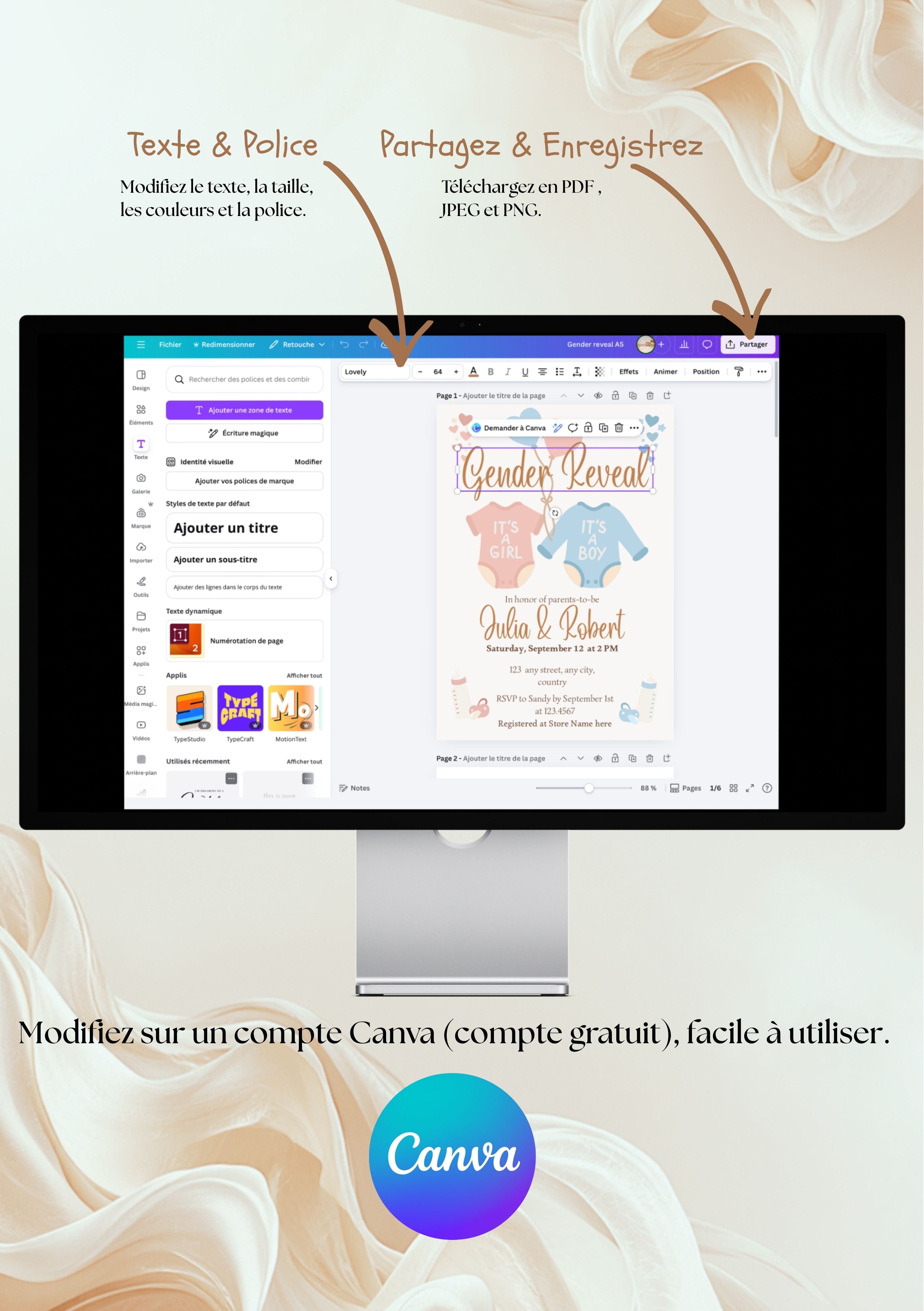 Carte modifiable pour naissance garçon , faire-part garçon, baby shower party, carte de naissance. Format A5