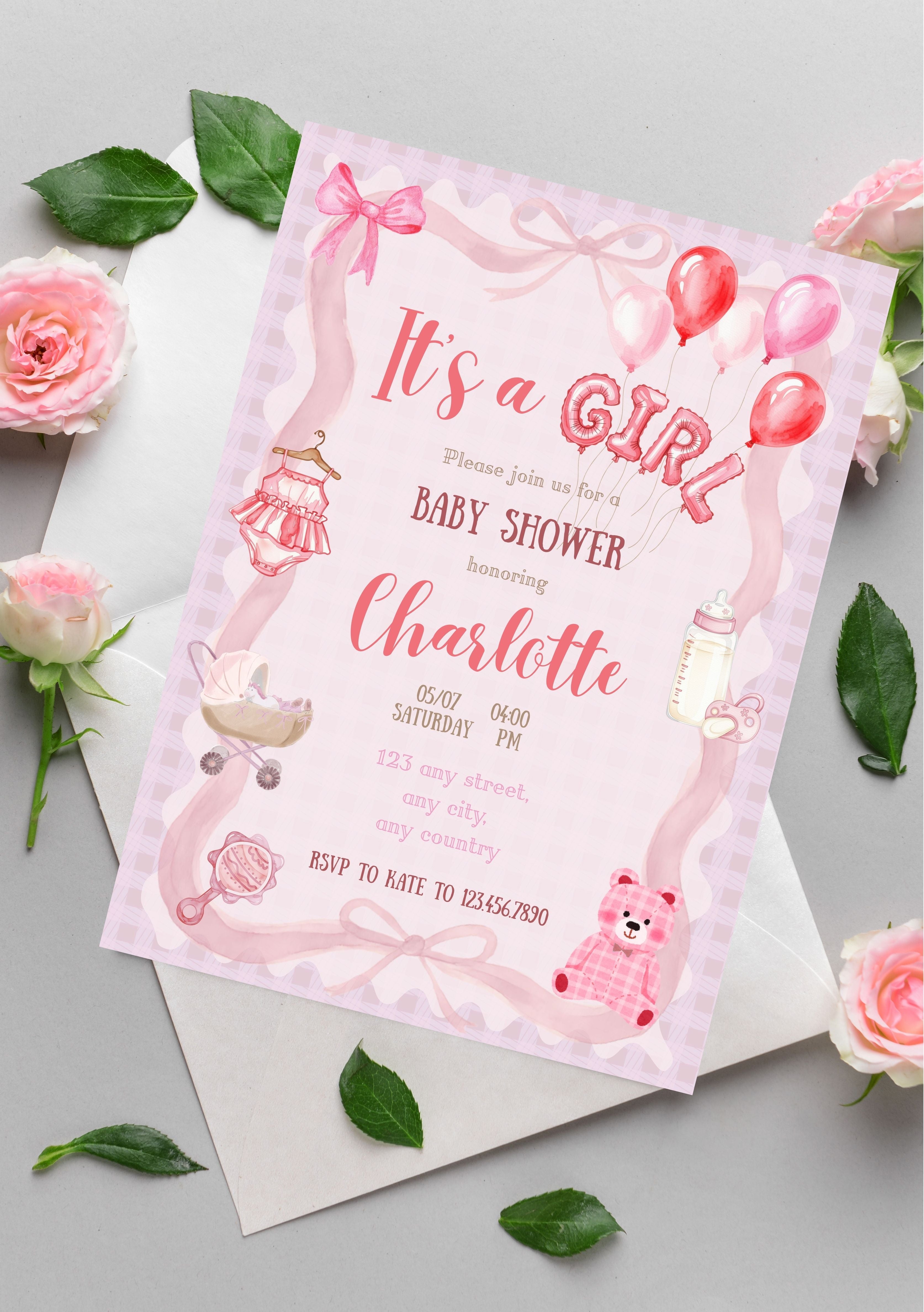 Faire-part modifiable pour l’annonce bébé fille, faire-part pour la naissance , faire-part naissance, it’s a girl card, carte d’annonce naissance. Format A5