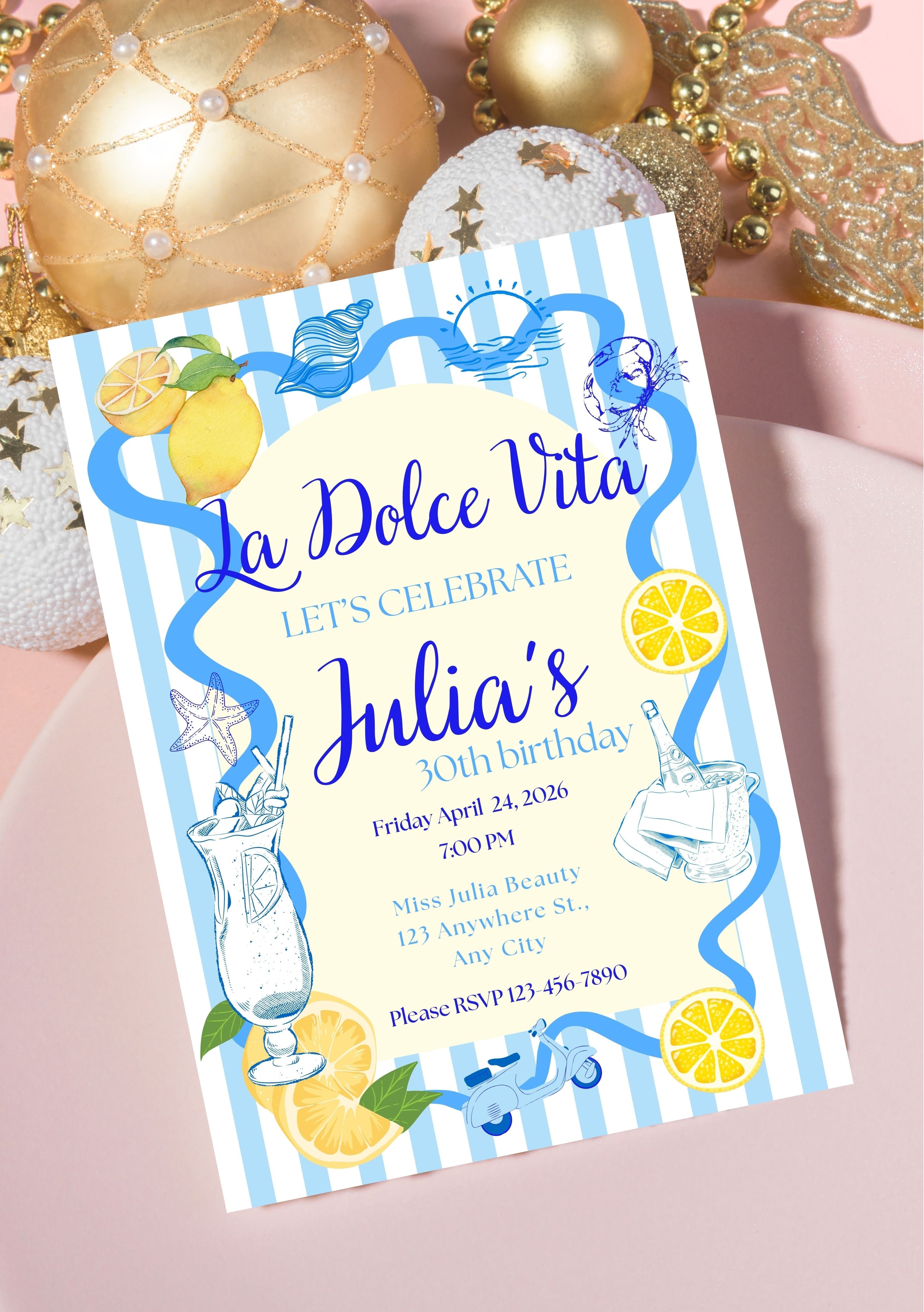 Faire-part modifiable pour fête d’anniversaire dolce vita, faire-part anniversaire, Birthday’s card, dolce vita’s birthday, carte modifiable , carte d'anniversaire. Format A5