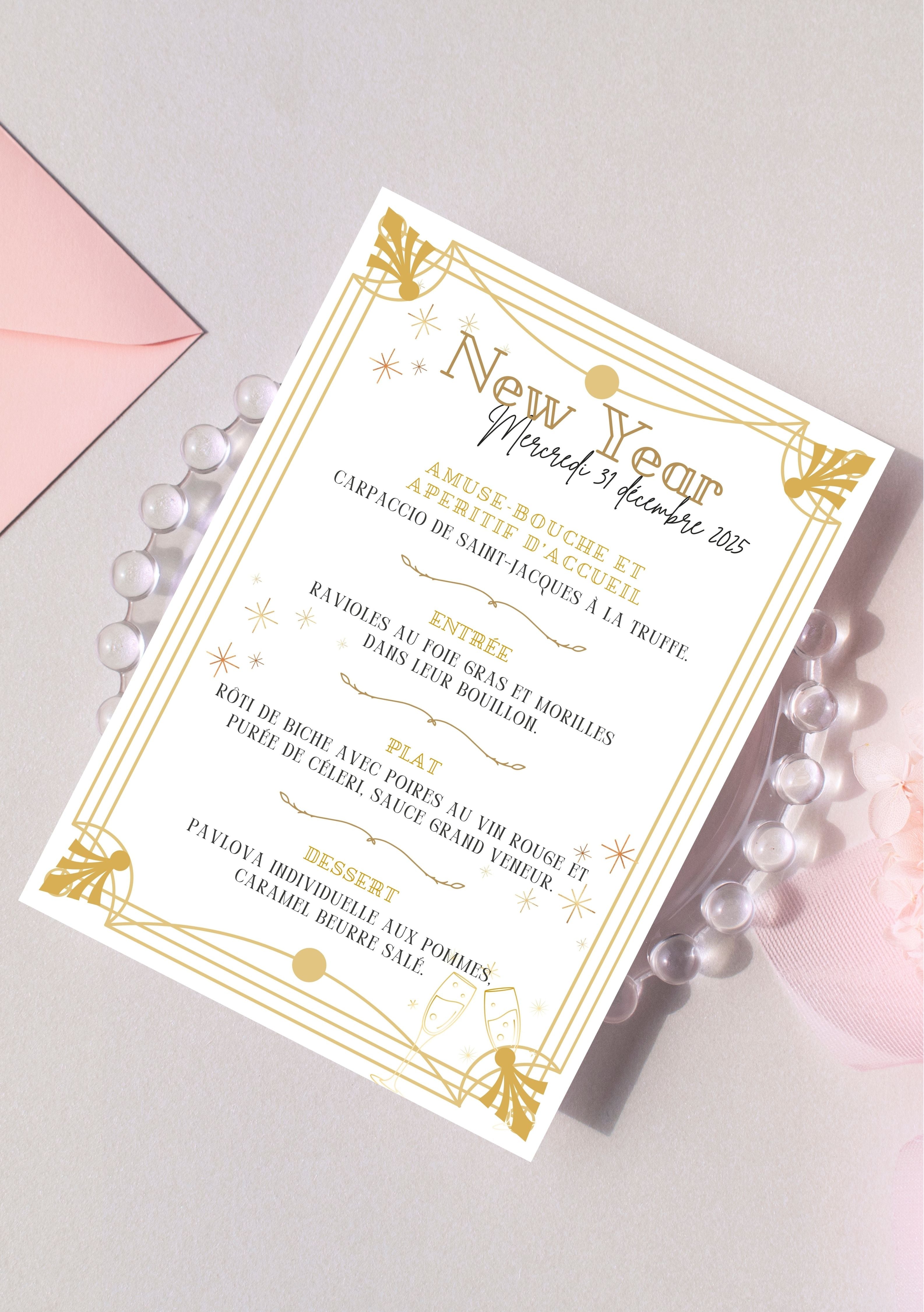 Faire-part modifiable pour Gatsby party, faire-part pour la saint Sylvestre , faire-part Gatsby , carte de dîner Saint sylvestre, carte menu. Format A5