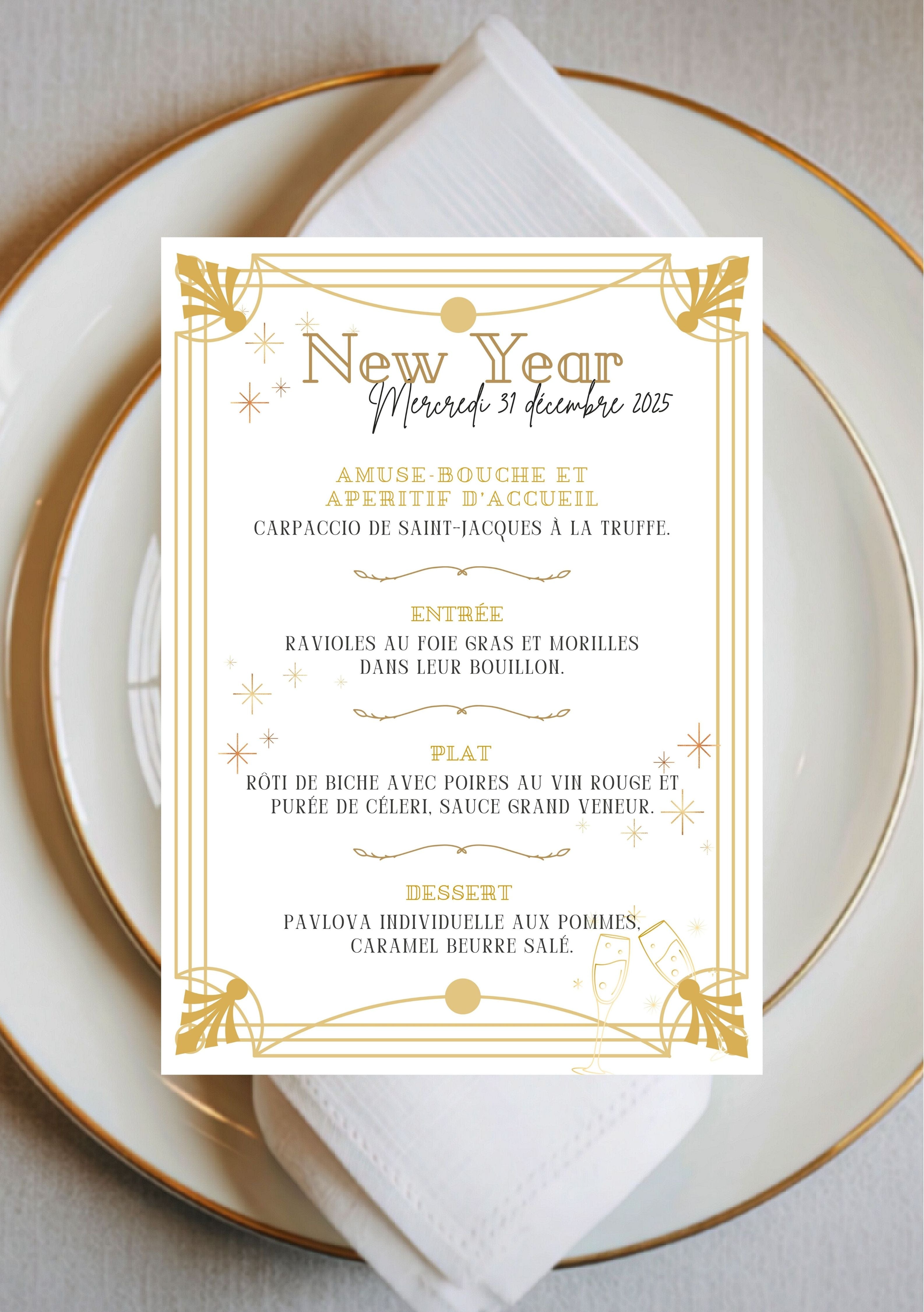 Faire-part modifiable pour Gatsby party, faire-part pour la saint Sylvestre , faire-part Gatsby , carte de dîner Saint sylvestre, carte menu. Format A5