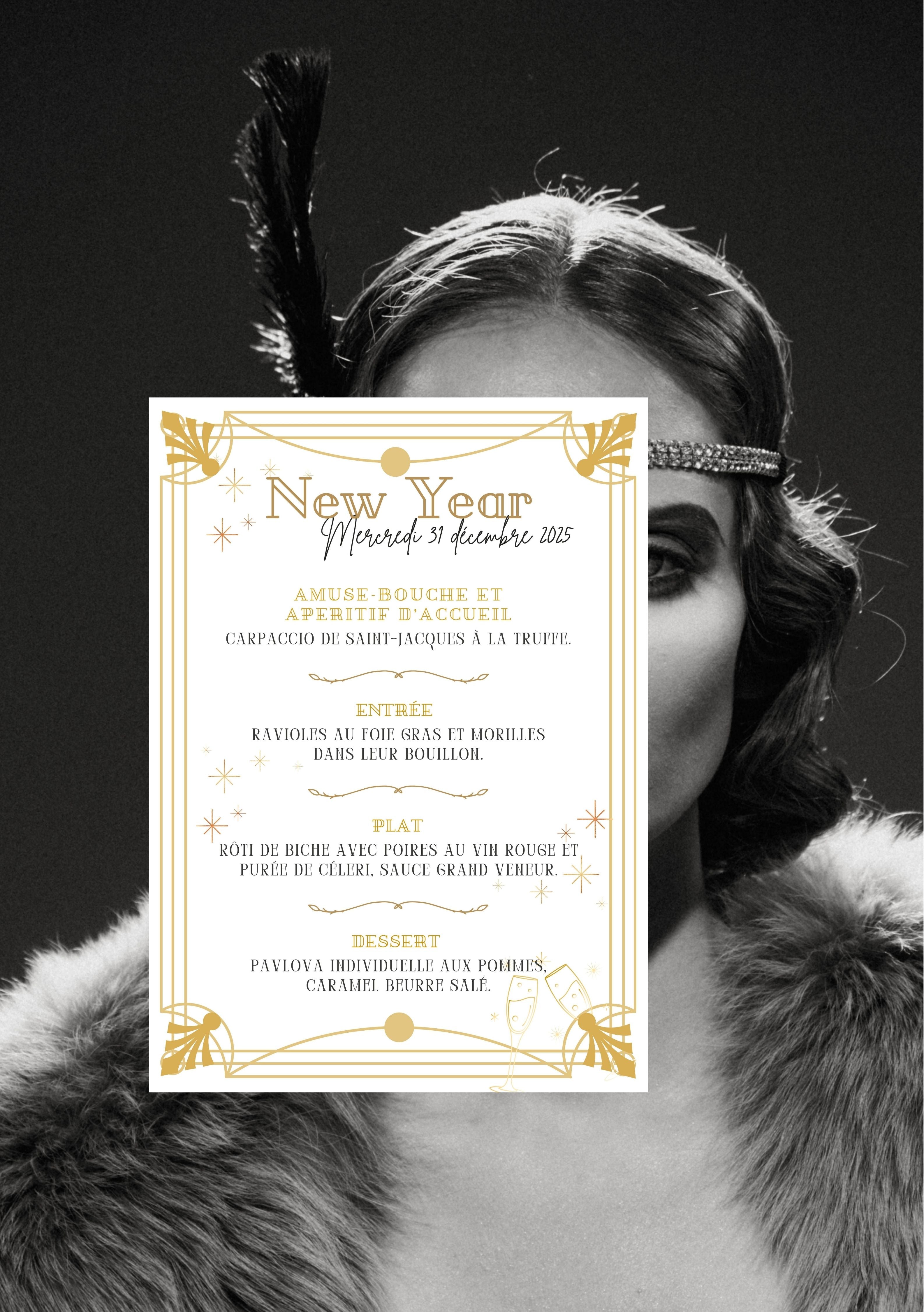 Faire-part modifiable pour Gatsby party, faire-part pour la saint Sylvestre , faire-part Gatsby , carte de dîner Saint sylvestre, carte menu. Format A5