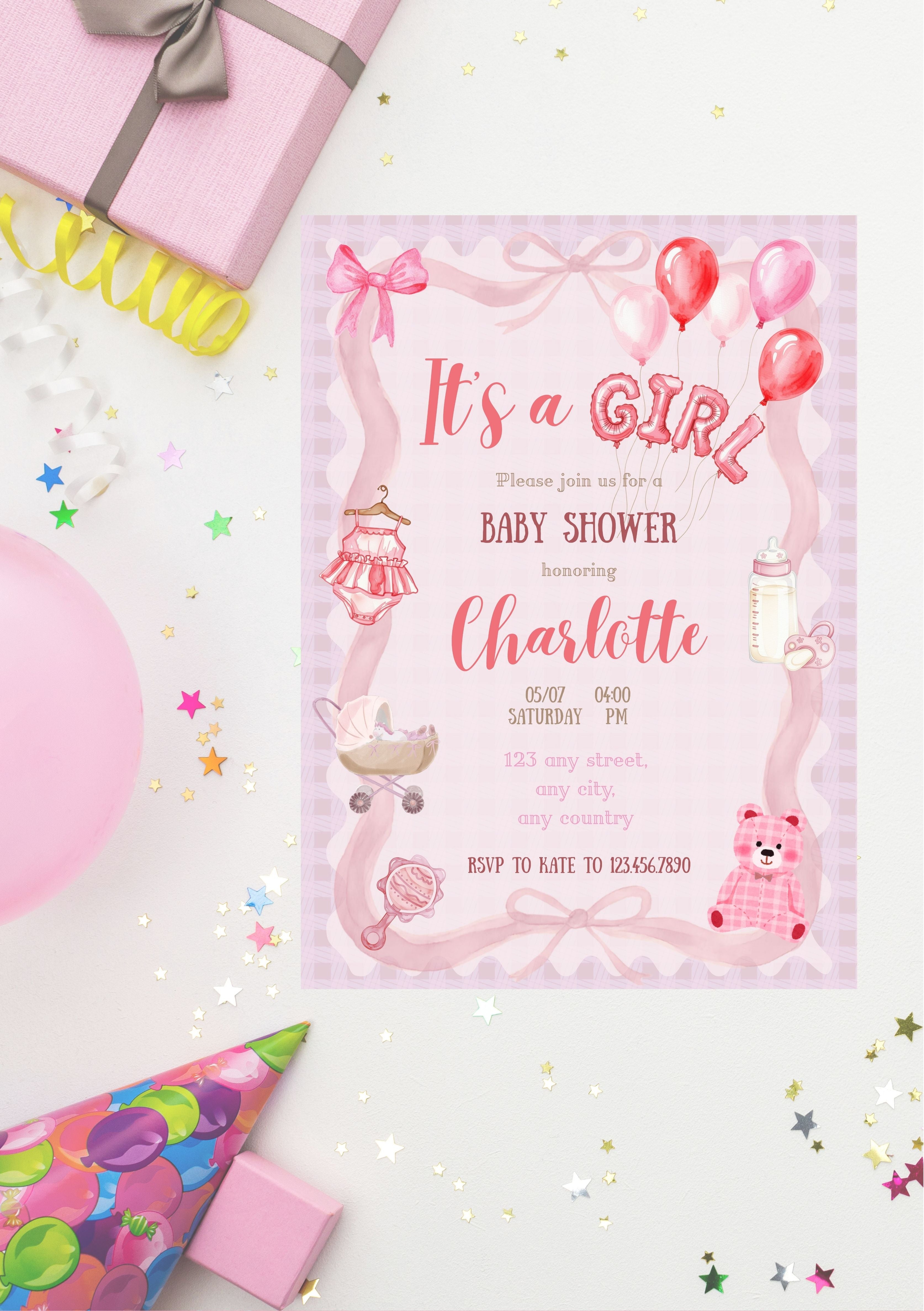 Faire-part modifiable pour l’annonce bébé fille, faire-part pour la naissance , faire-part naissance, it’s a girl card, carte d’annonce naissance. Format A5