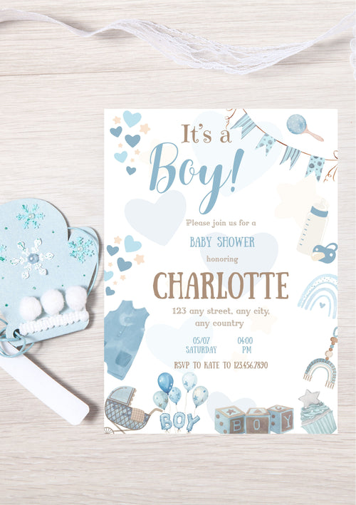 Faire-part modifiable naissance garçon, faire-part de naissance , it’s a boy card , carte d'annonce naissance. Format A5