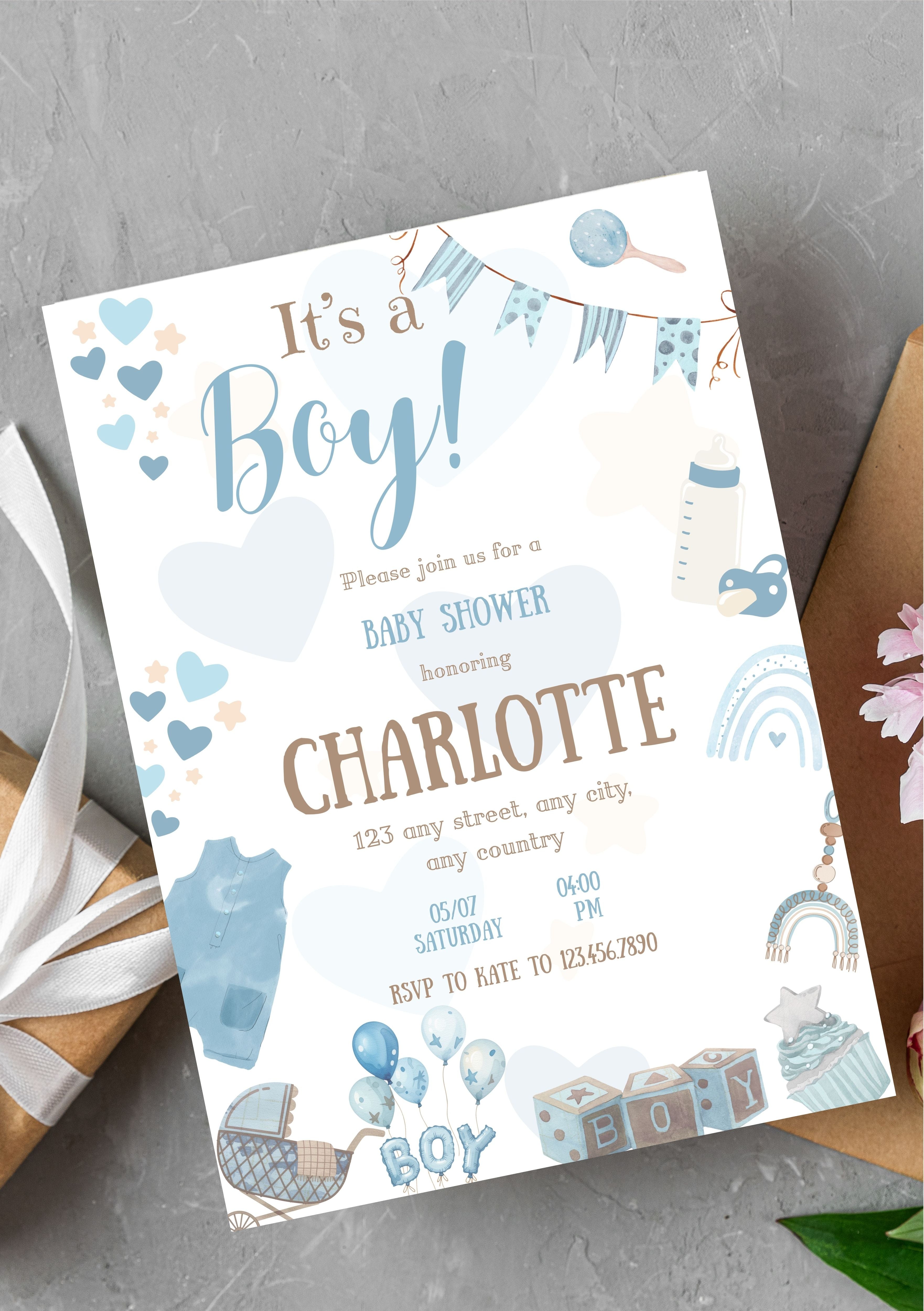 Faire-part modifiable naissance garçon, faire-part de naissance , it’s a boy card , carte d'annonce naissance. Format A5