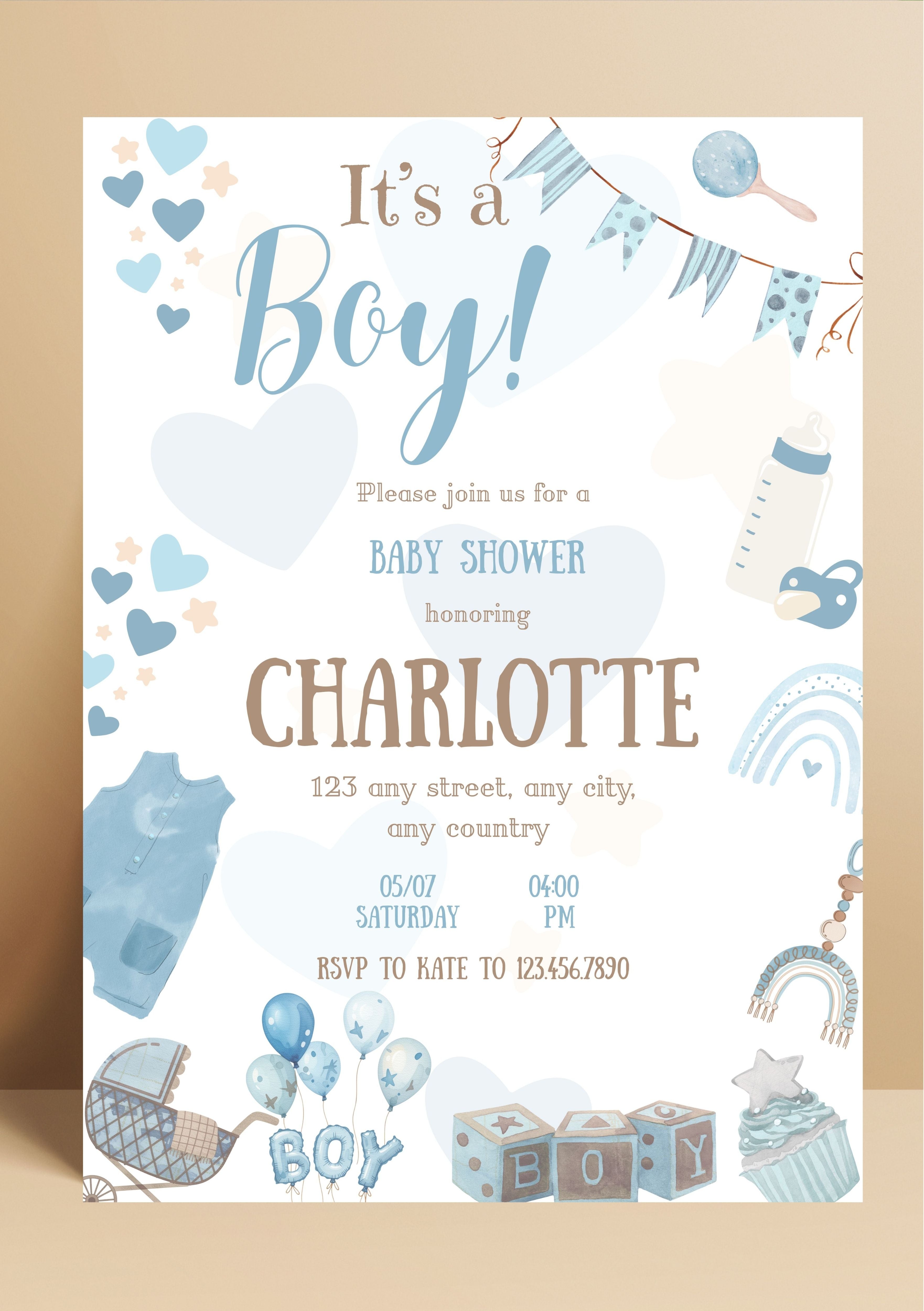 Faire-part modifiable naissance garçon, faire-part de naissance , it’s a boy card , carte d'annonce naissance. Format A5