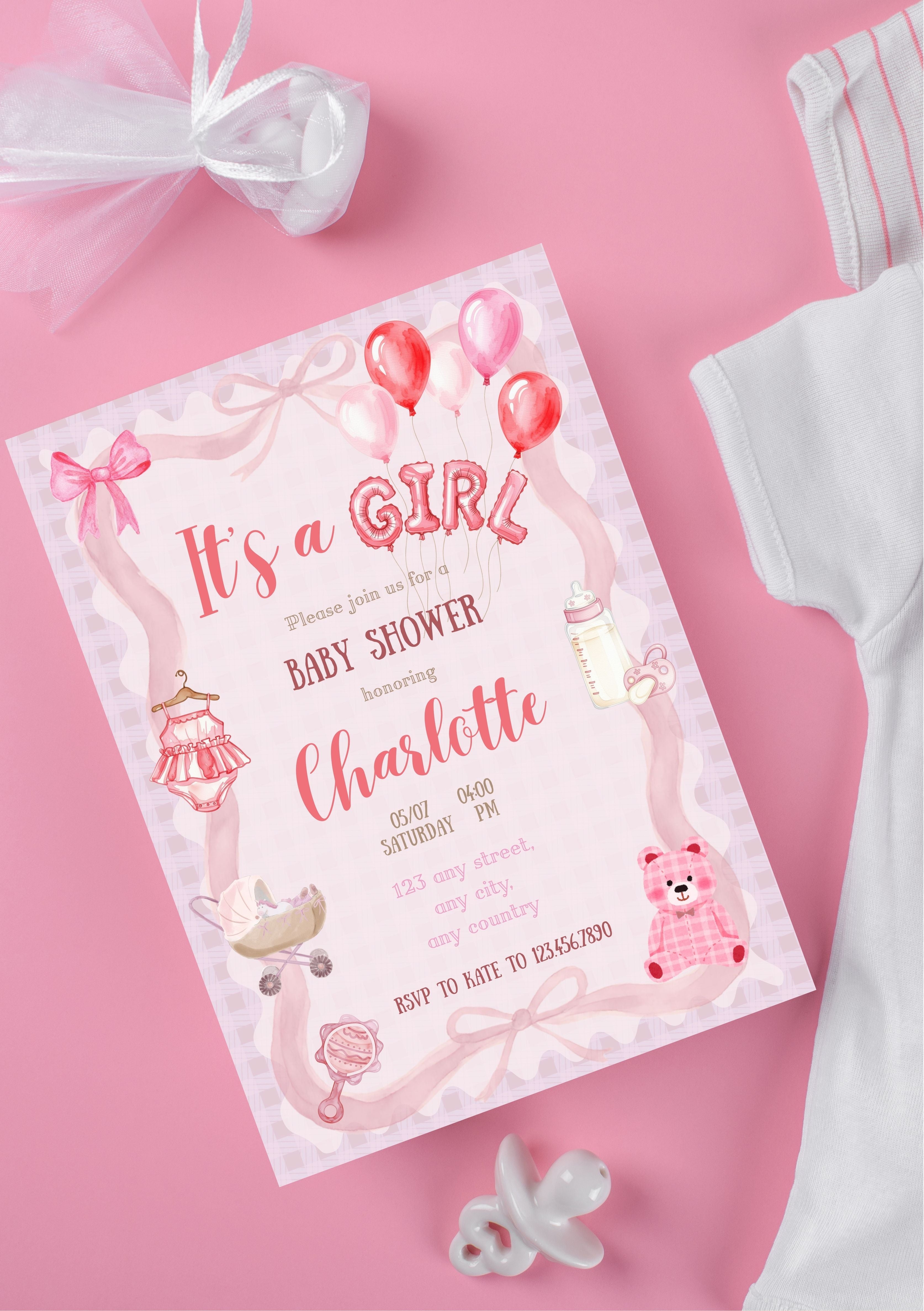 Faire-part modifiable pour l’annonce bébé fille, faire-part pour la naissance , faire-part naissance, it’s a girl card, carte d’annonce naissance. Format A5