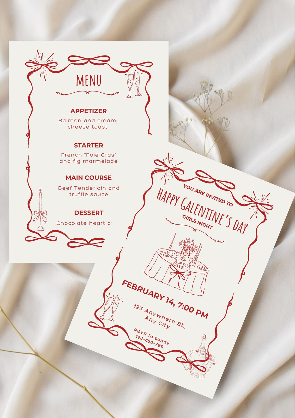 Galentine’s day Canva templates, Lot de 2 (invitation et menu), faire-part galentine’s day, carte de dîner Saint-Valentin, carte d’invitation, menu. Format A5