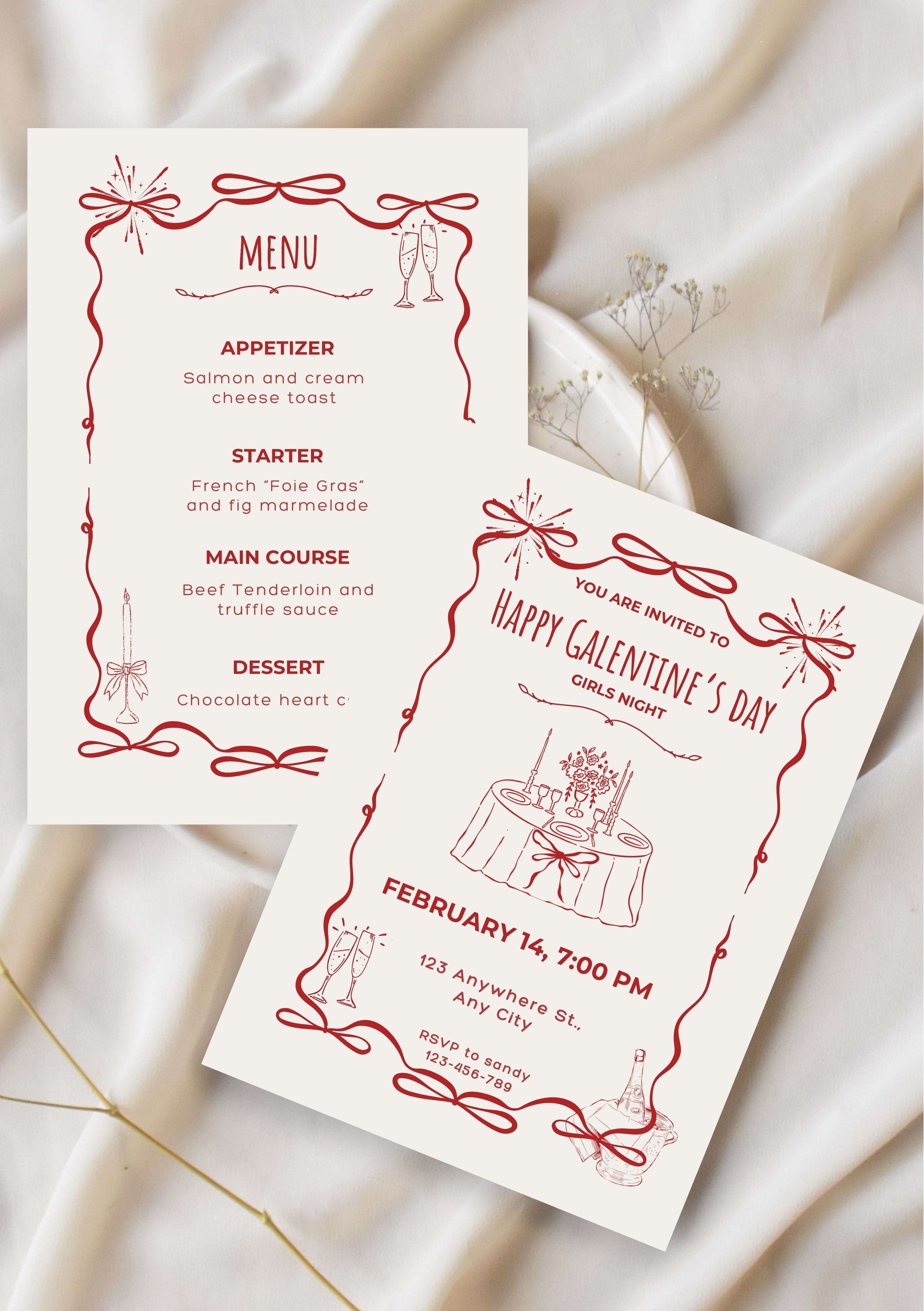 Galentine’s day Canva templates, Lot de 2 (invitation et menu), faire-part galentine’s day, carte de dîner Saint-Valentin, carte d’invitation, menu. Format A5