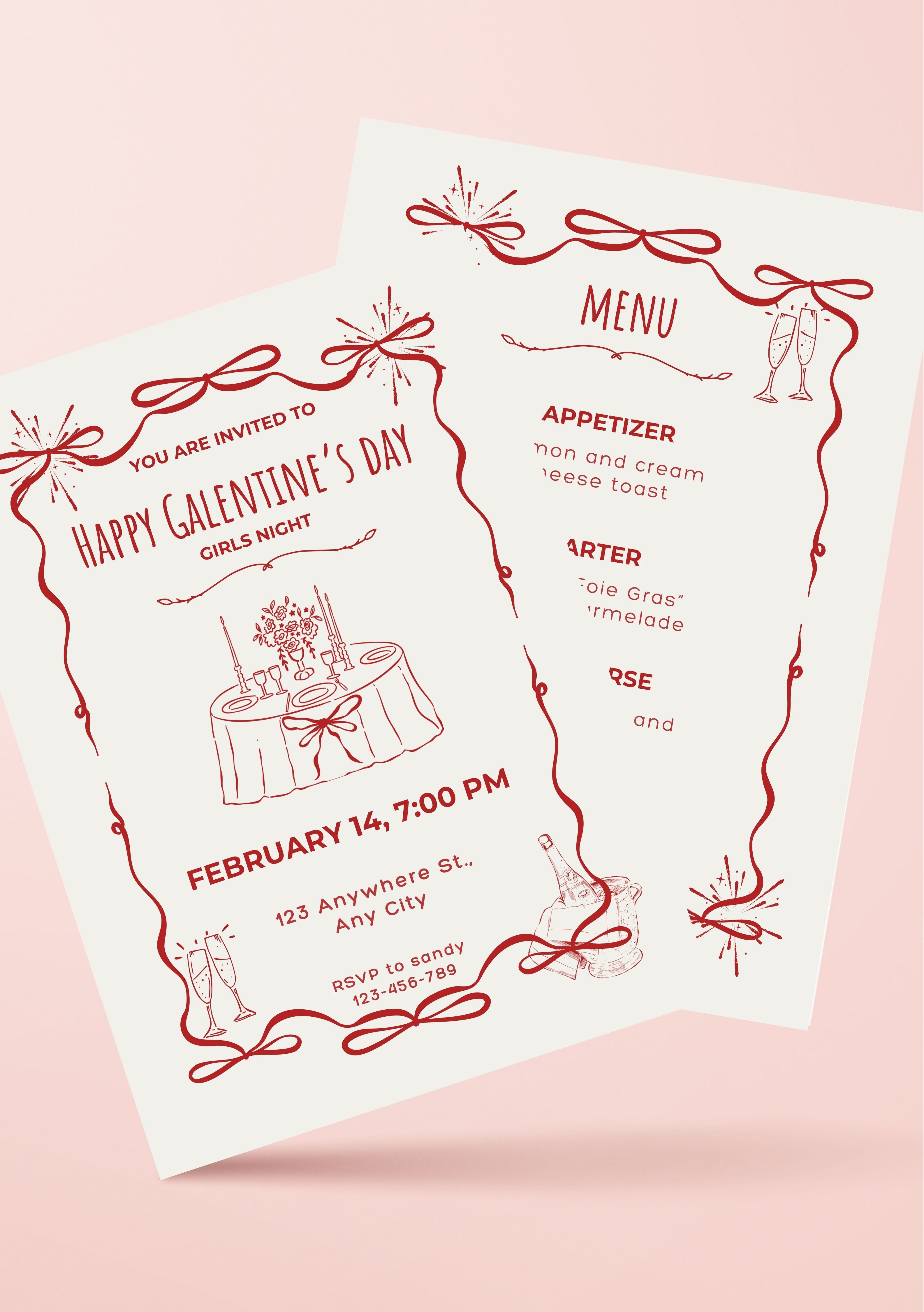 Galentine’s day Canva templates, Lot de 2 (invitation et menu), faire-part galentine’s day, carte de dîner Saint-Valentin, carte d’invitation, menu. Format A5