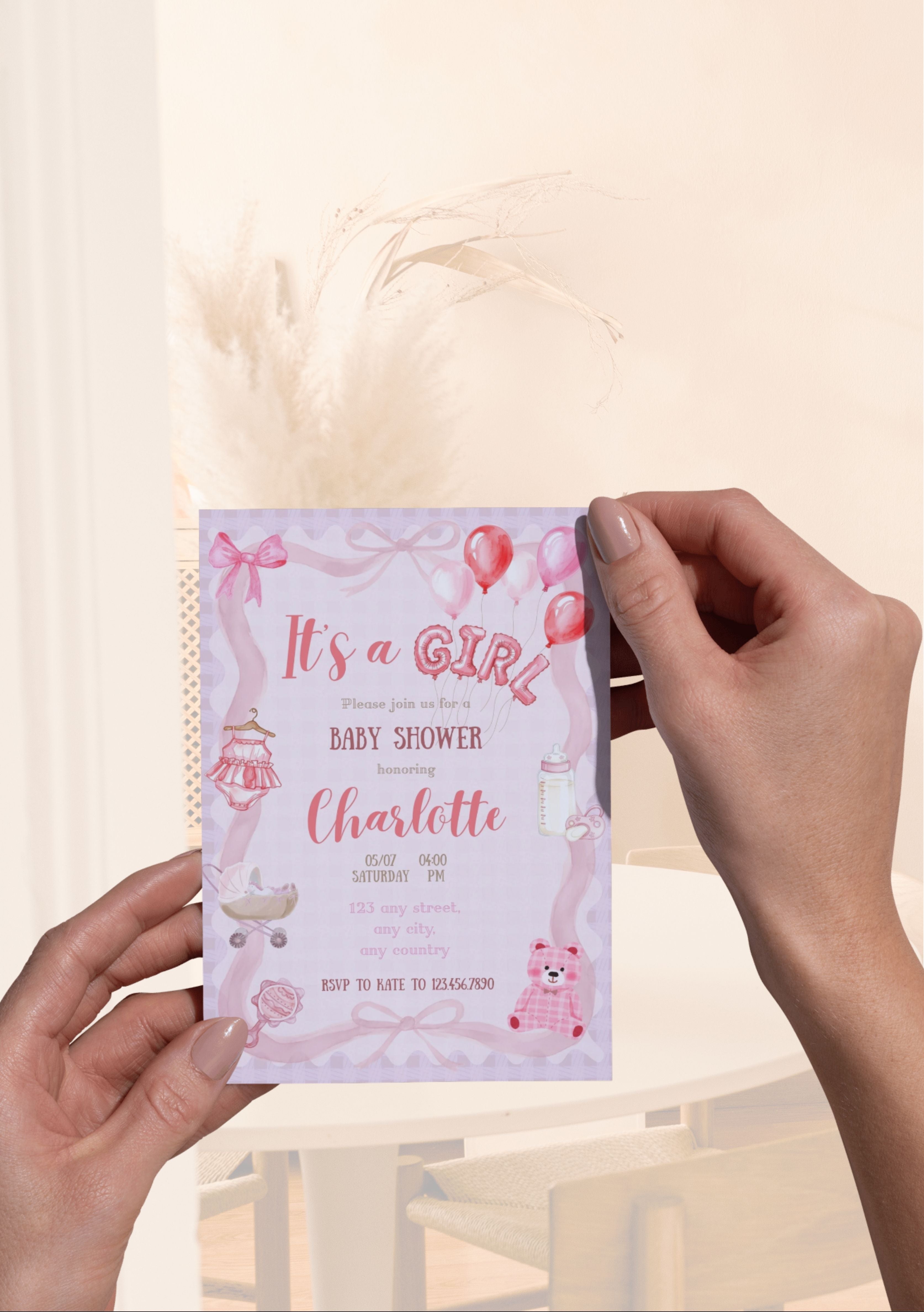 Faire-part modifiable pour l’annonce bébé fille, faire-part pour la naissance , faire-part naissance, it’s a girl card, carte d’annonce naissance. Format A5