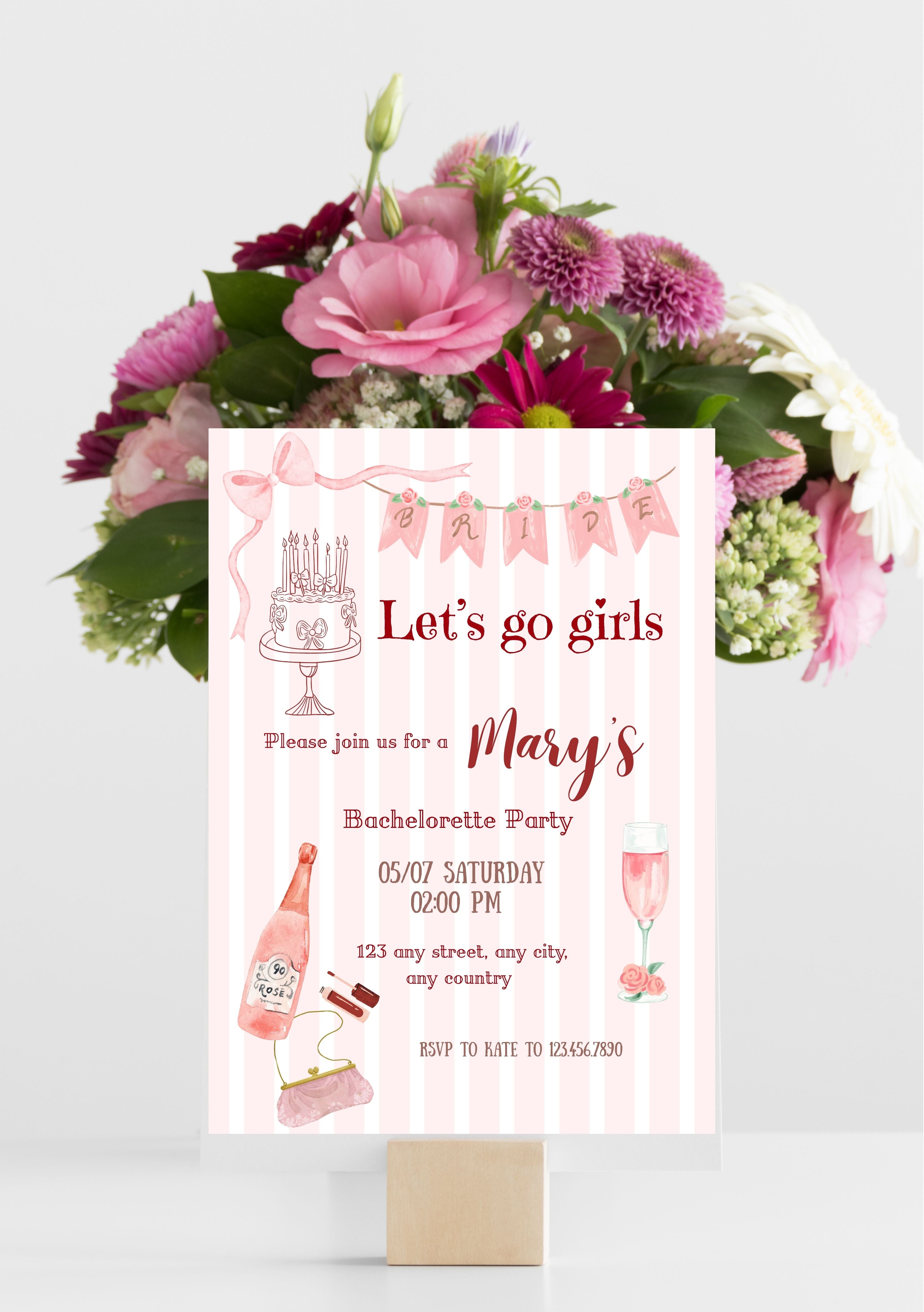 Faire-part modifiable pour EVJF,  bachelorette’s party, faire-part EVJF, carte EVJF, carte invitation enterrement de vie de jeune fille. Format A5
