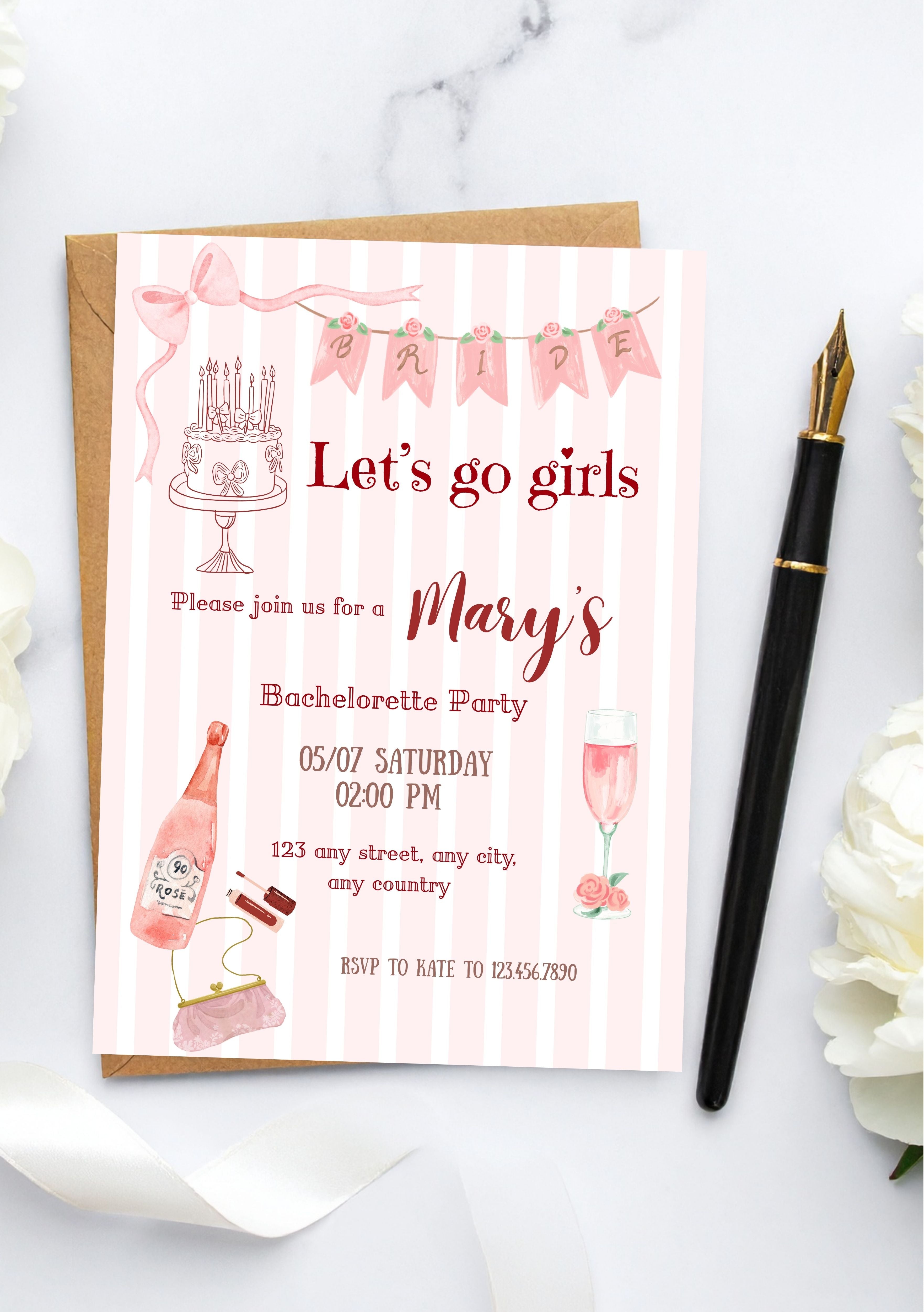 Faire-part modifiable pour EVJF,  bachelorette’s party, faire-part EVJF, carte EVJF, carte invitation enterrement de vie de jeune fille. Format A5