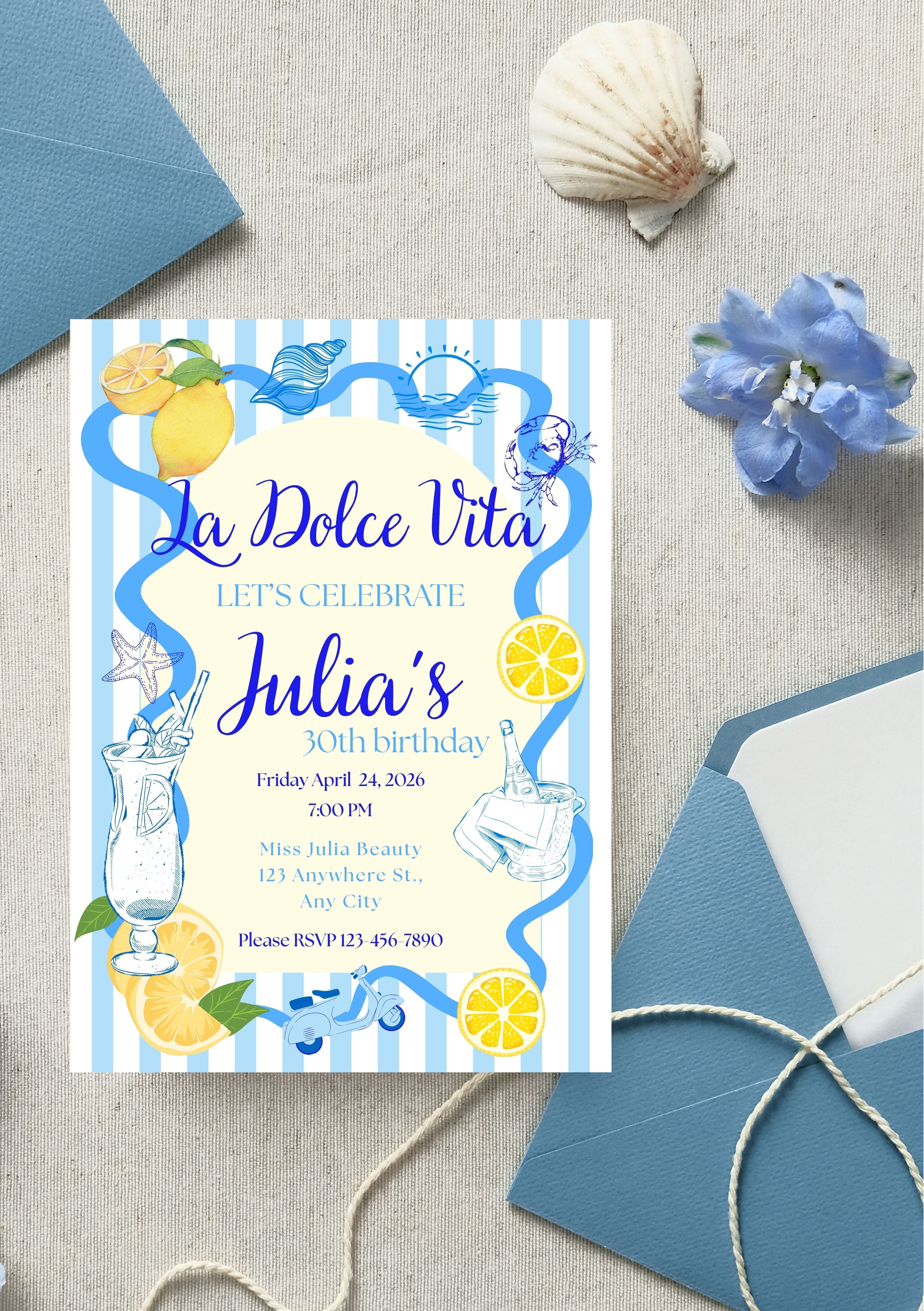 Faire-part modifiable pour fête d’anniversaire dolce vita, faire-part anniversaire, Birthday’s card, dolce vita’s birthday, carte modifiable , carte d'anniversaire. Format A5