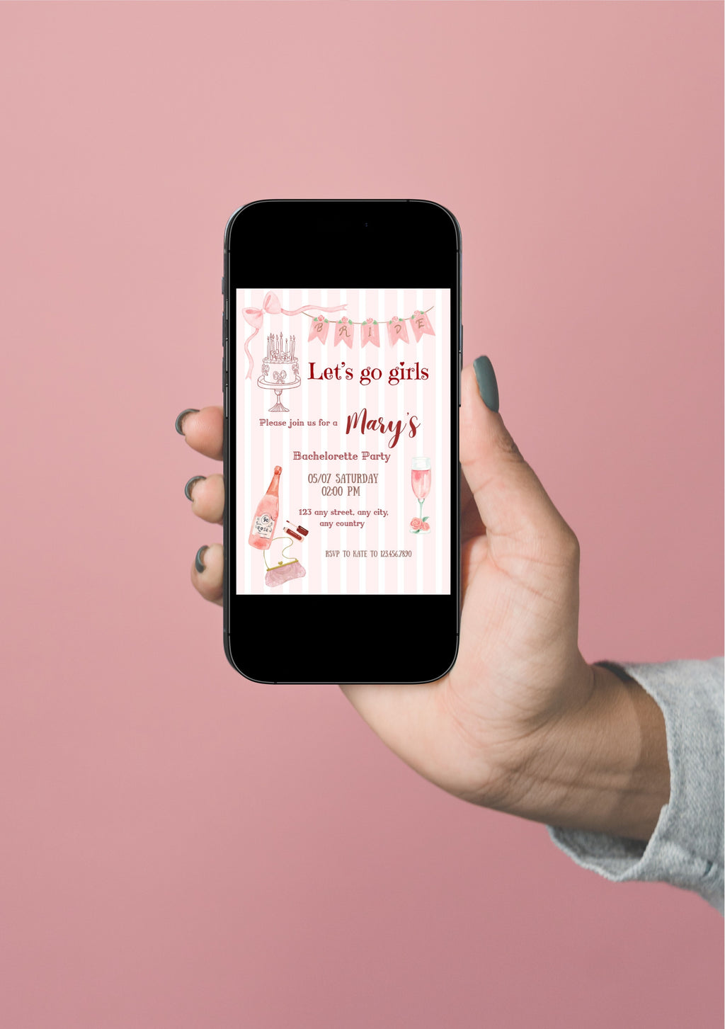 Faire-part modifiable pour EVJF,  bachelorette’s party, faire-part EVJF, carte EVJF, carte invitation enterrement de vie de jeune fille. Format A5