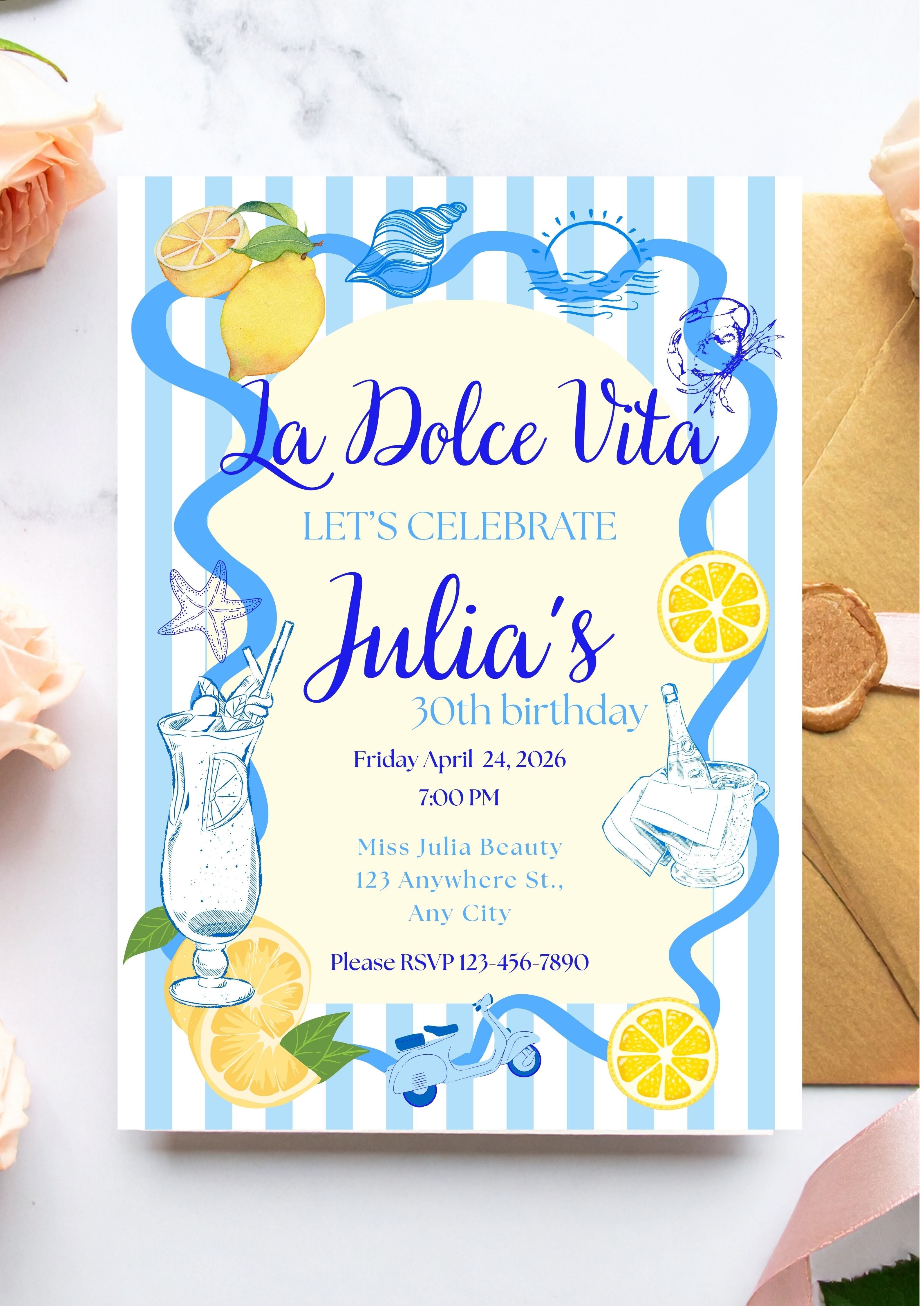 Faire-part modifiable pour fête d’anniversaire dolce vita, faire-part anniversaire, Birthday’s card, dolce vita’s birthday, carte modifiable , carte d'anniversaire. Format A5