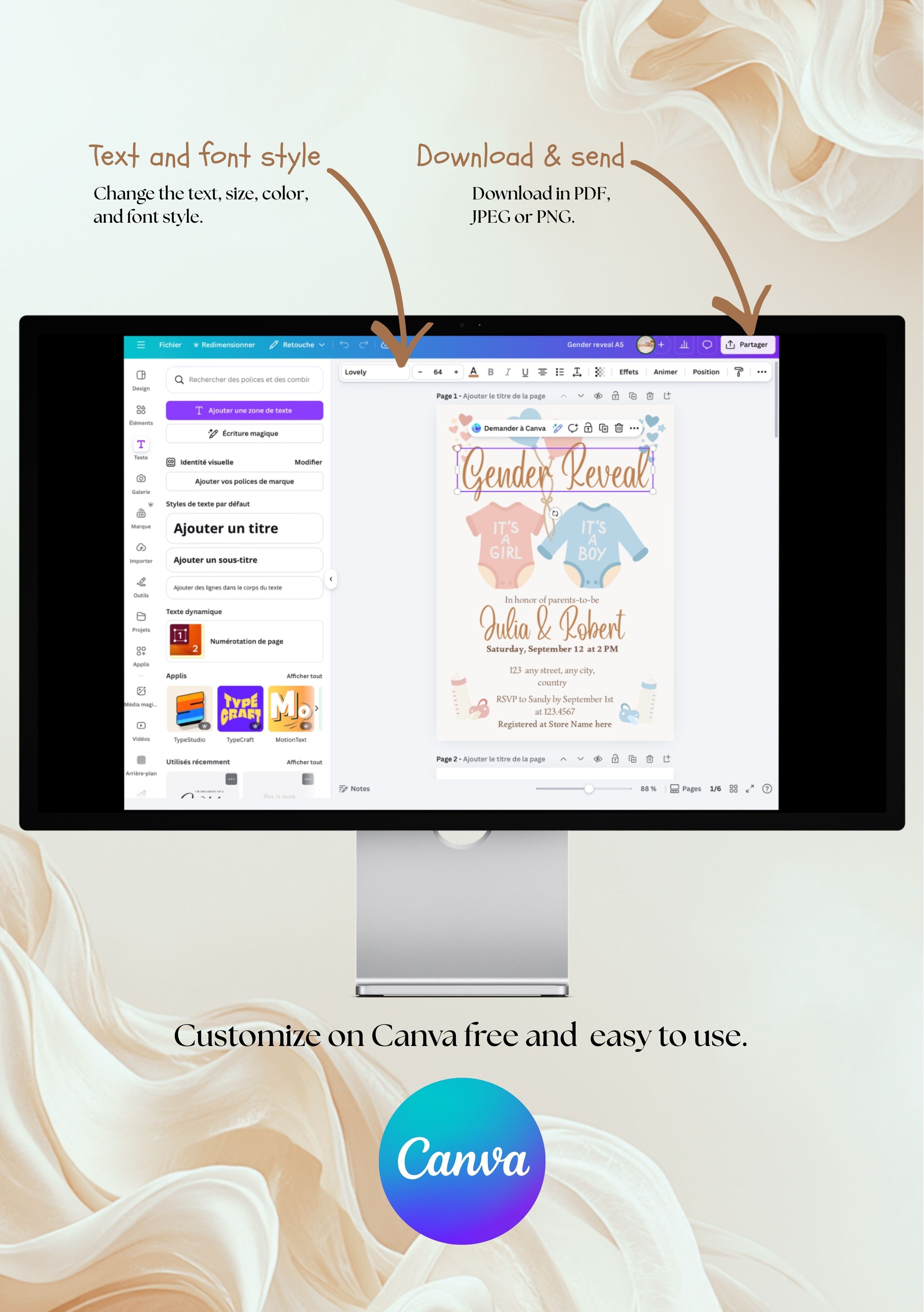 Faire-part modifiable baby, Baby shower’s Invitation, faire-part pour annonce bébé , faire-part gender reveal, carte gender reveal , gender reveal. Format A5