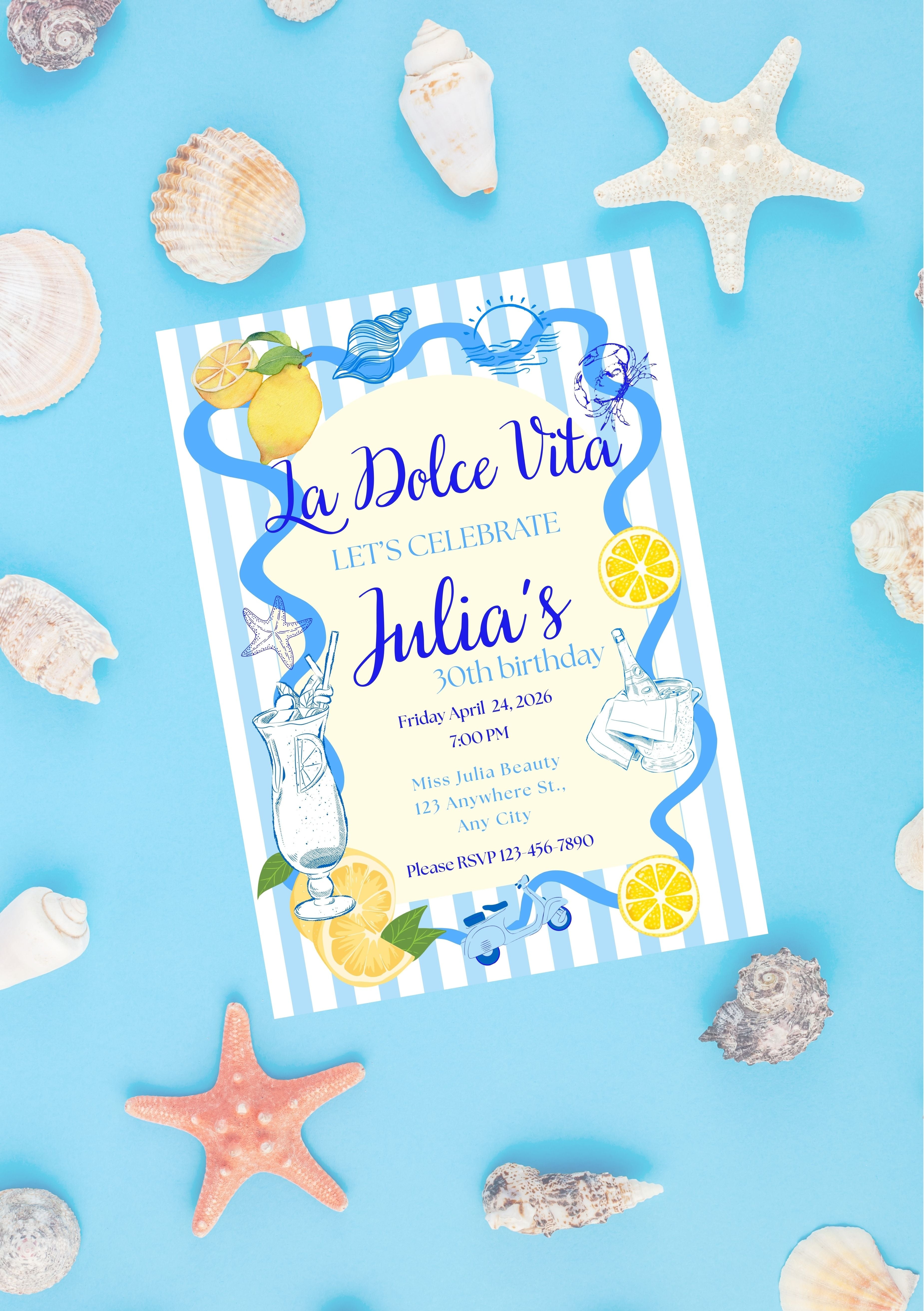 Faire-part modifiable pour fête d’anniversaire dolce vita, faire-part anniversaire, Birthday’s card, dolce vita’s birthday, carte modifiable , carte d'anniversaire. Format A5