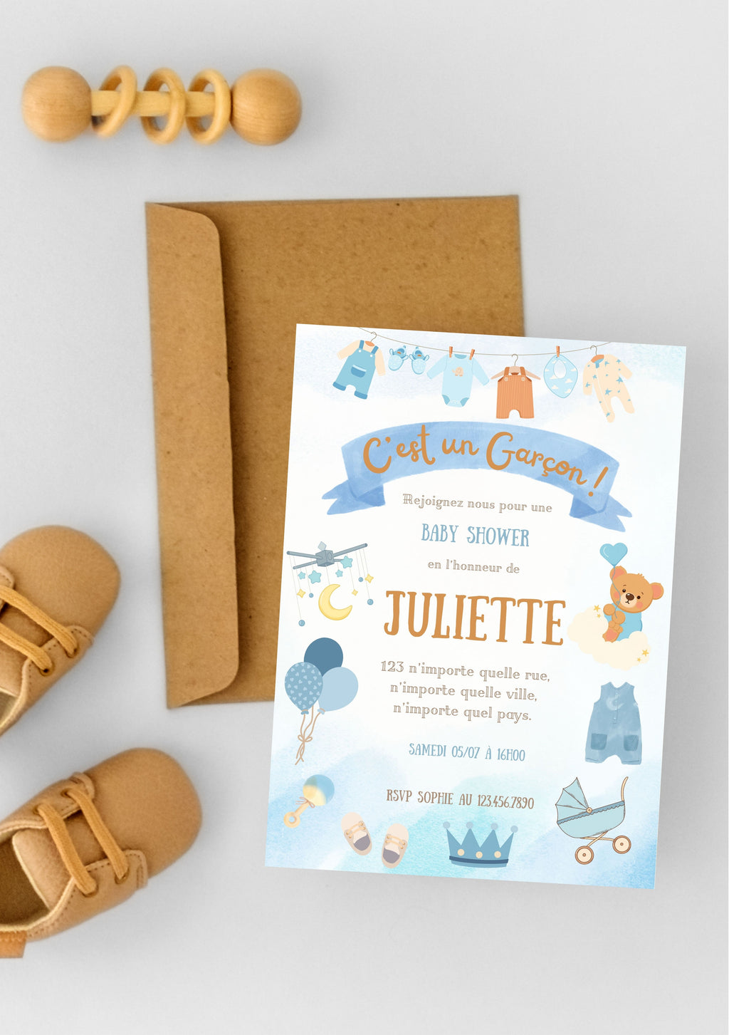 Carte modifiable pour naissance garçon , faire-part garçon, baby shower party, carte de naissance. Format A5