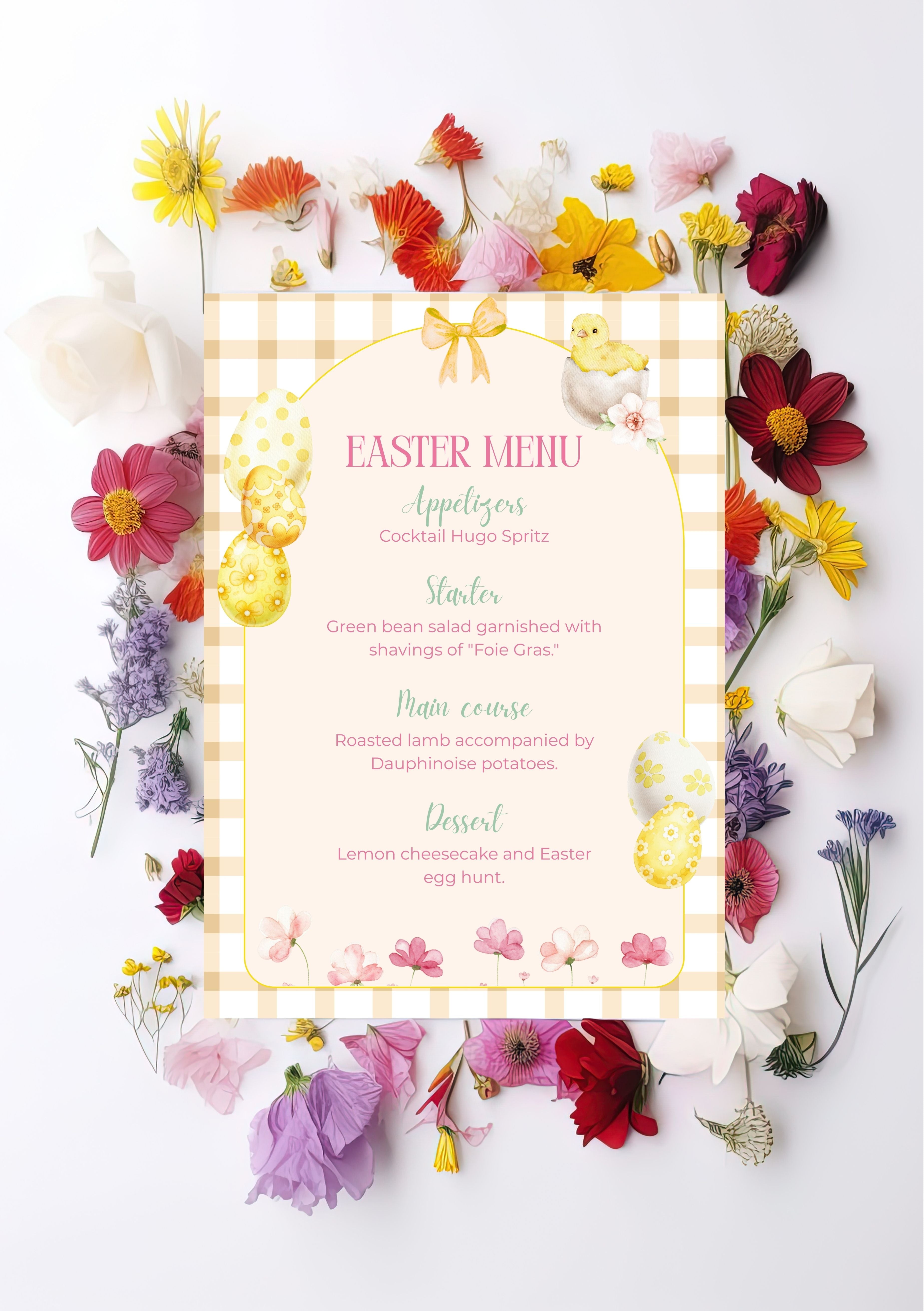 Menu de Pâques, Easter Menu dimensions 5x7 pouces (12,7x17,78 cm)