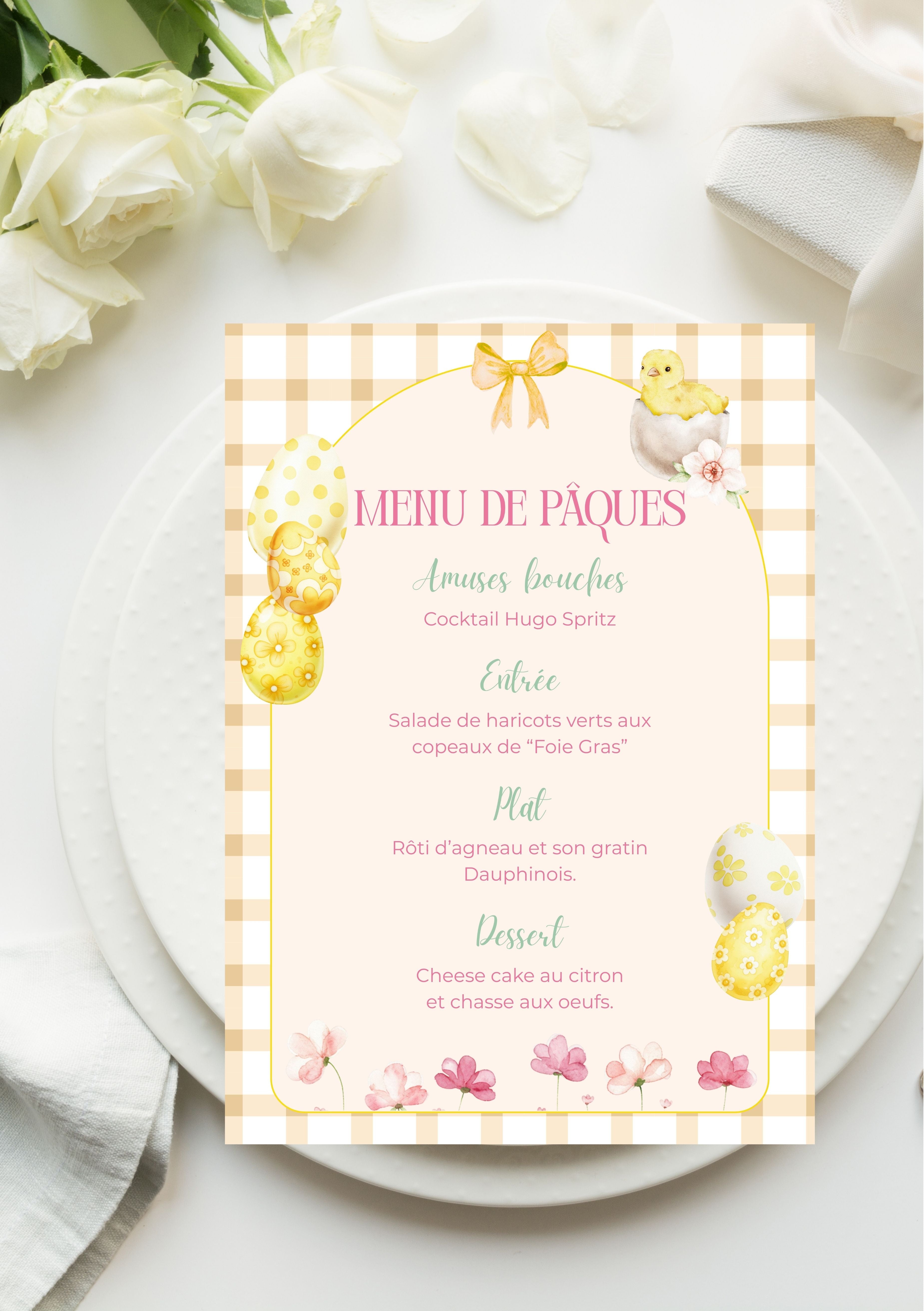 Menu de Pâques, Easter Menu dimensions 5x7 pouces (12,7x17,78 cm)